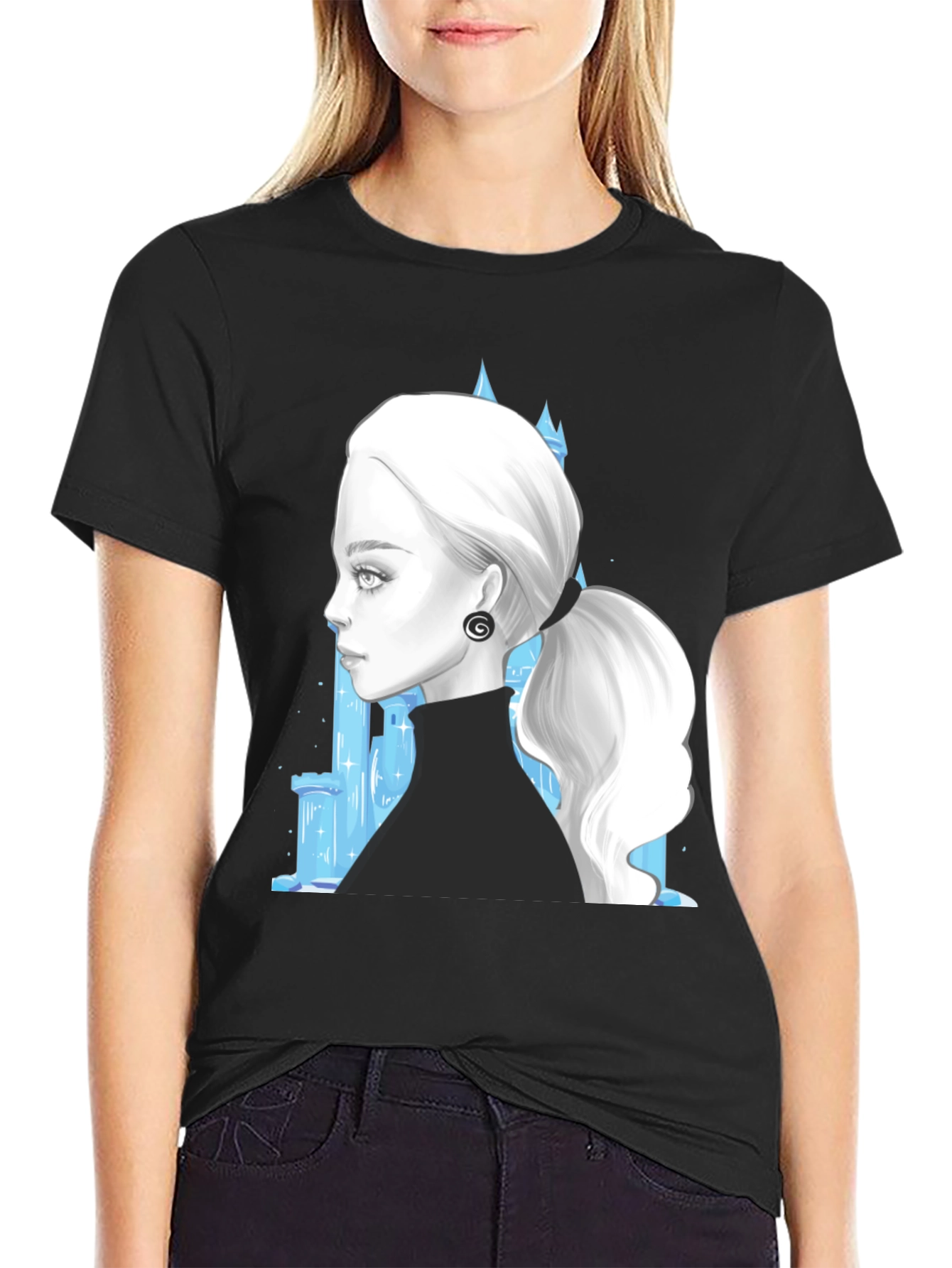 Black Elegant Woman & Ice Castle Graphic Black T-Shirt view 2