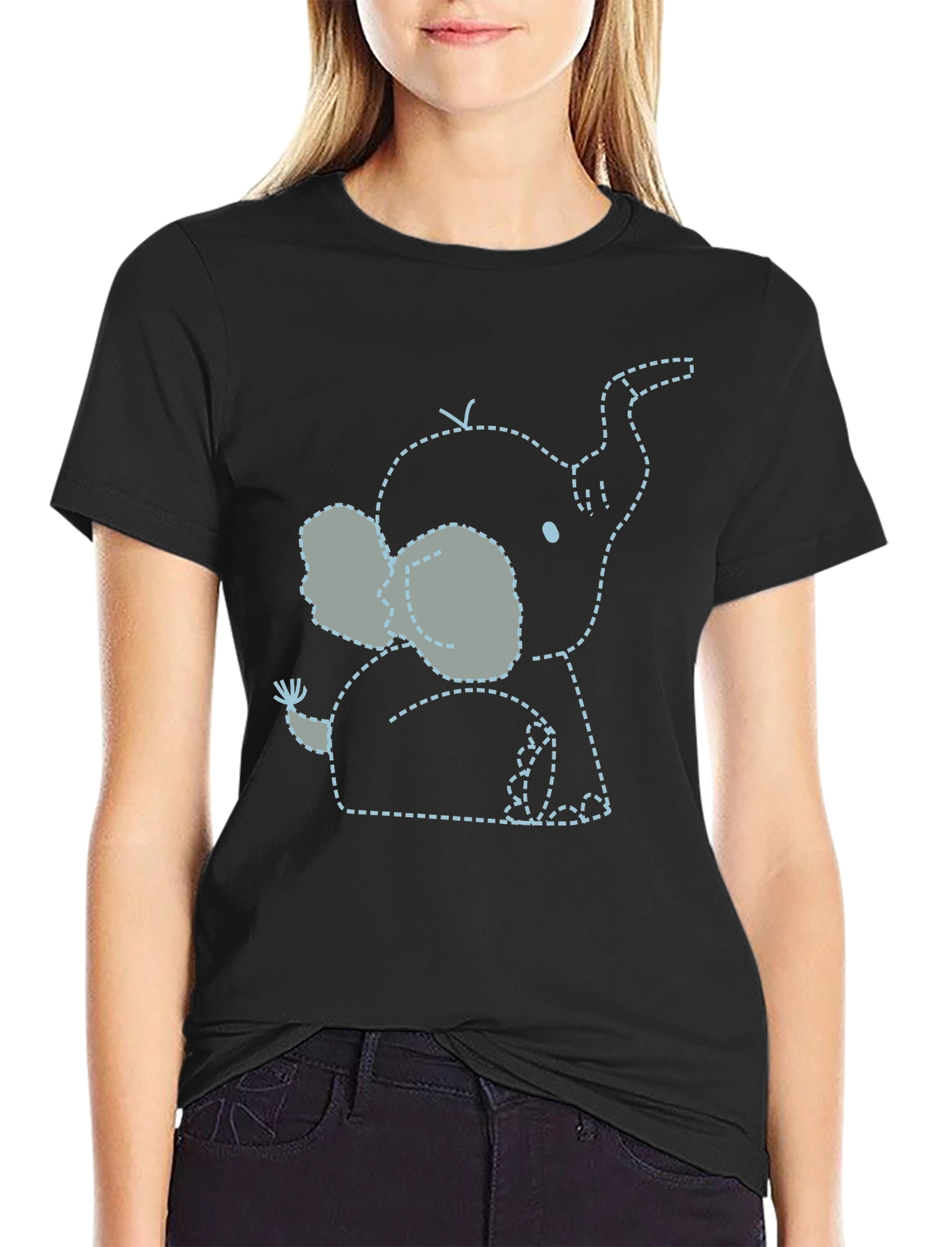 Black Cute Elephant Outline Tee - Black Soft Cotton view 2