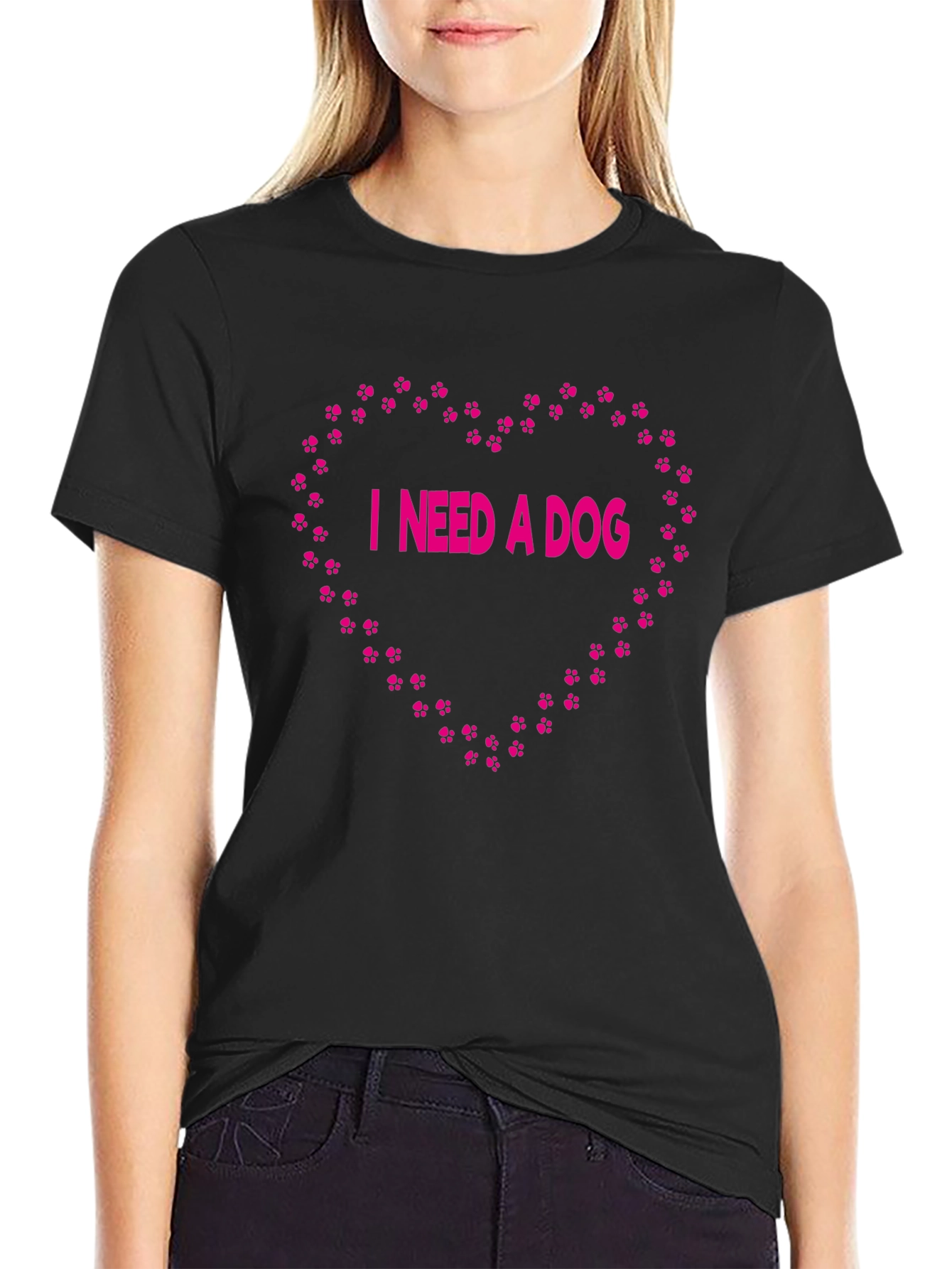 Black I Need a Dog Tee - Heart Paw Print Design, Black view 2