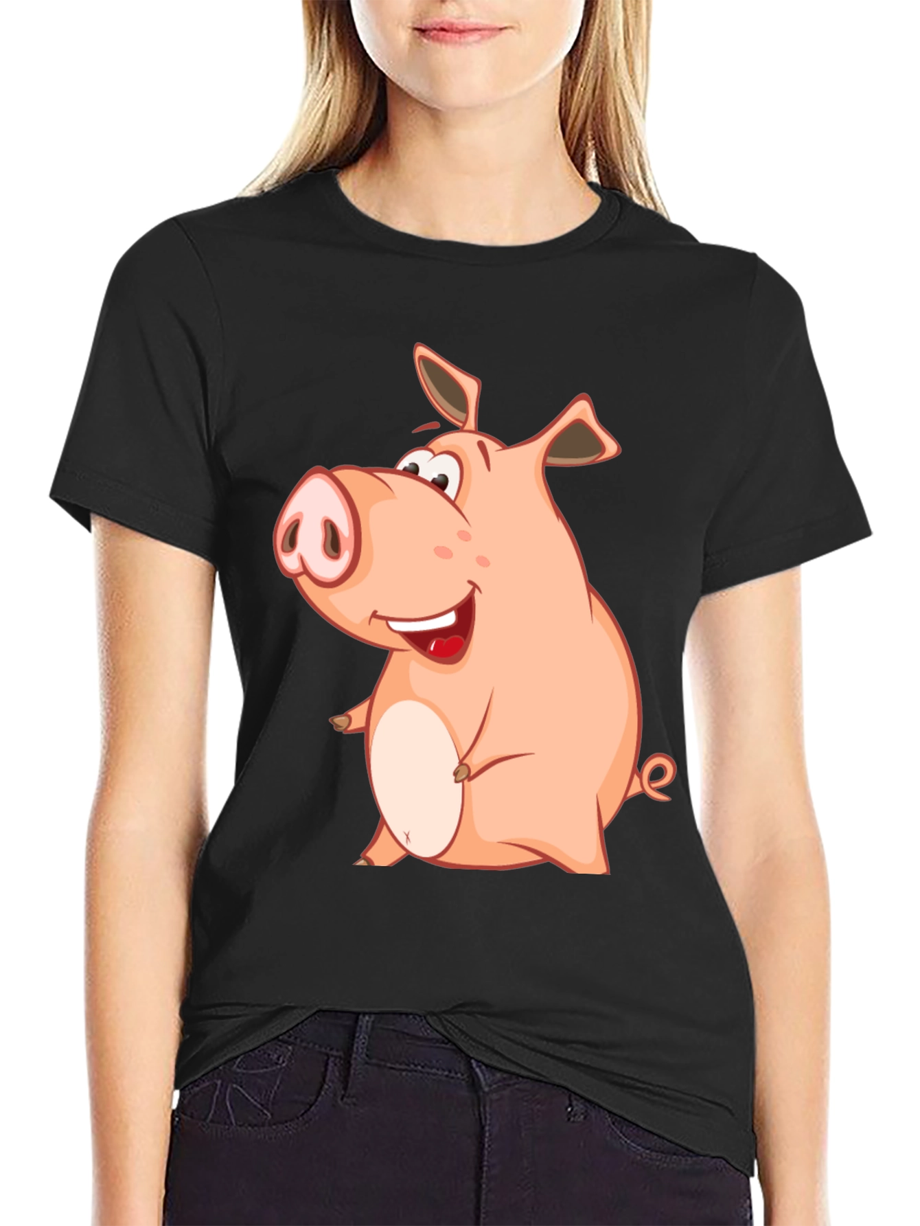 Black Funny Pig Cartoon Graphic Tee - Black Cotton Shirt view 2