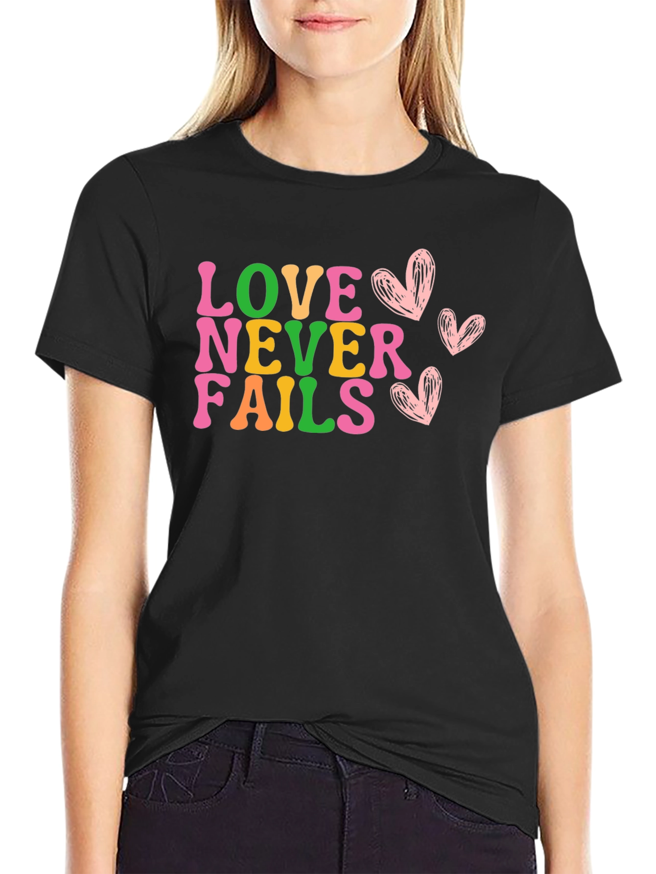 Black Love Never Fails Graphic Tee - Trendy Valentine's Shirt view 2