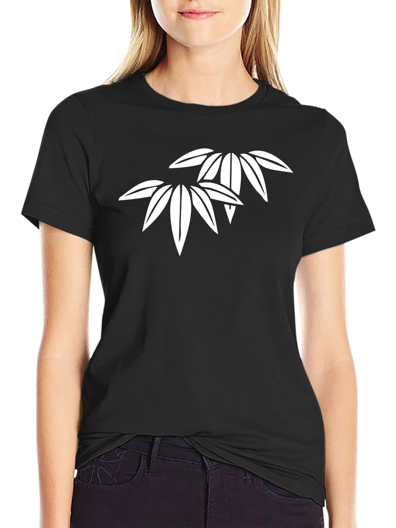 Black Minimalist Bamboo Leaf Graphic Black T-Shirt view 2