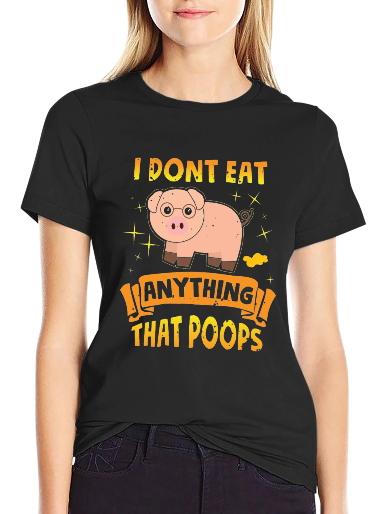 Black Funny Vegan Pig T-Shirt view 2