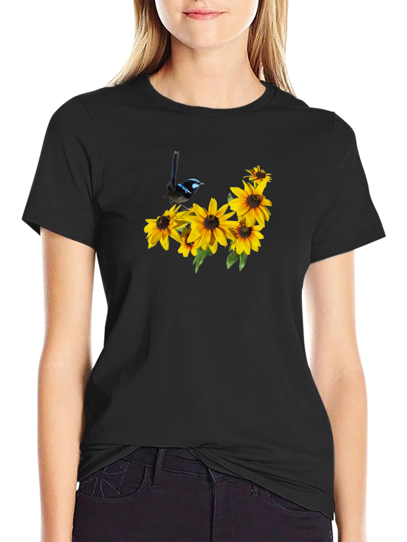 Black Black Tee with Bird and Sunflower Graphic view 2