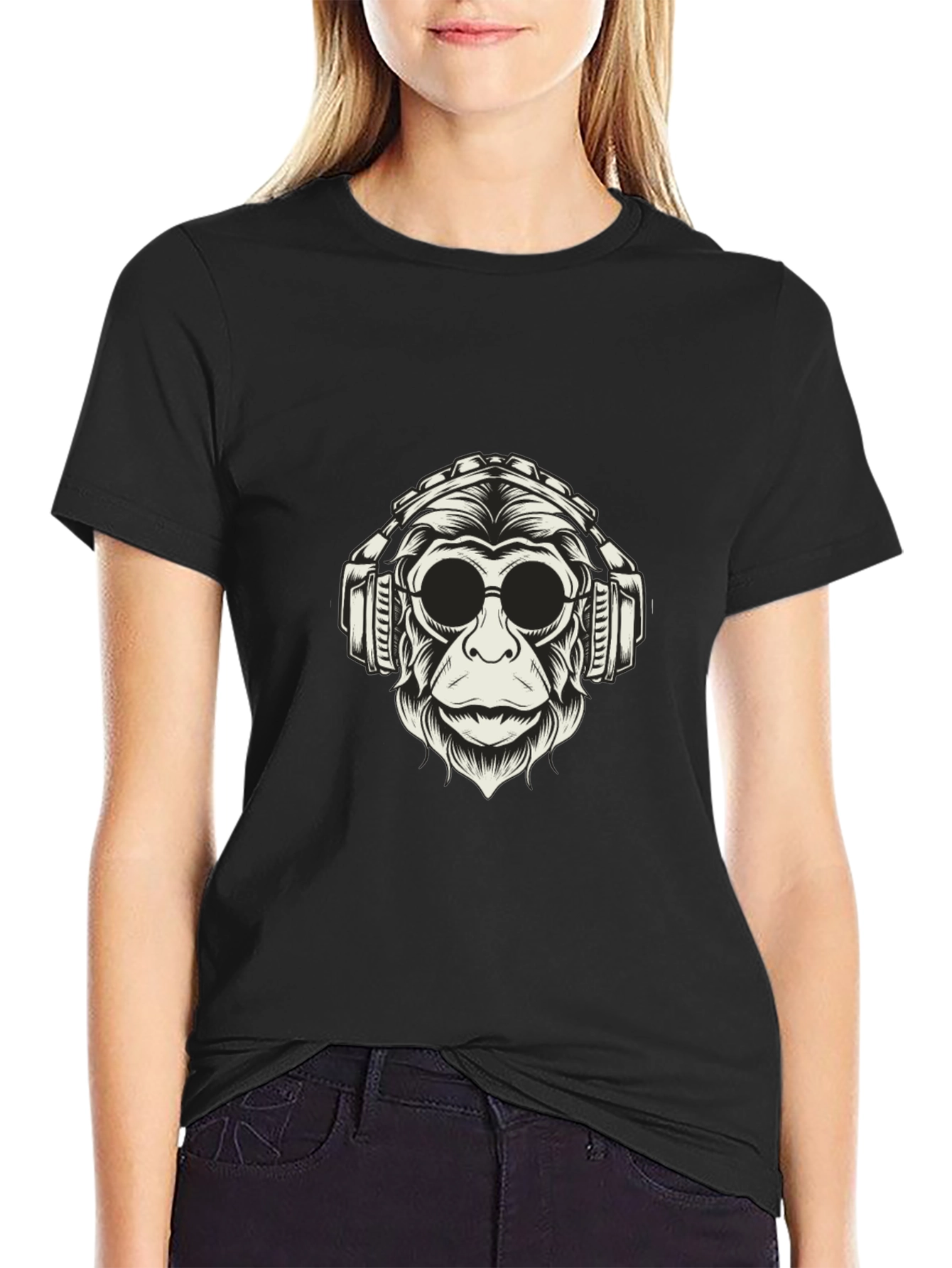 Black Cool Monkey Graphic Tee - Black Cotton Shirt view 2