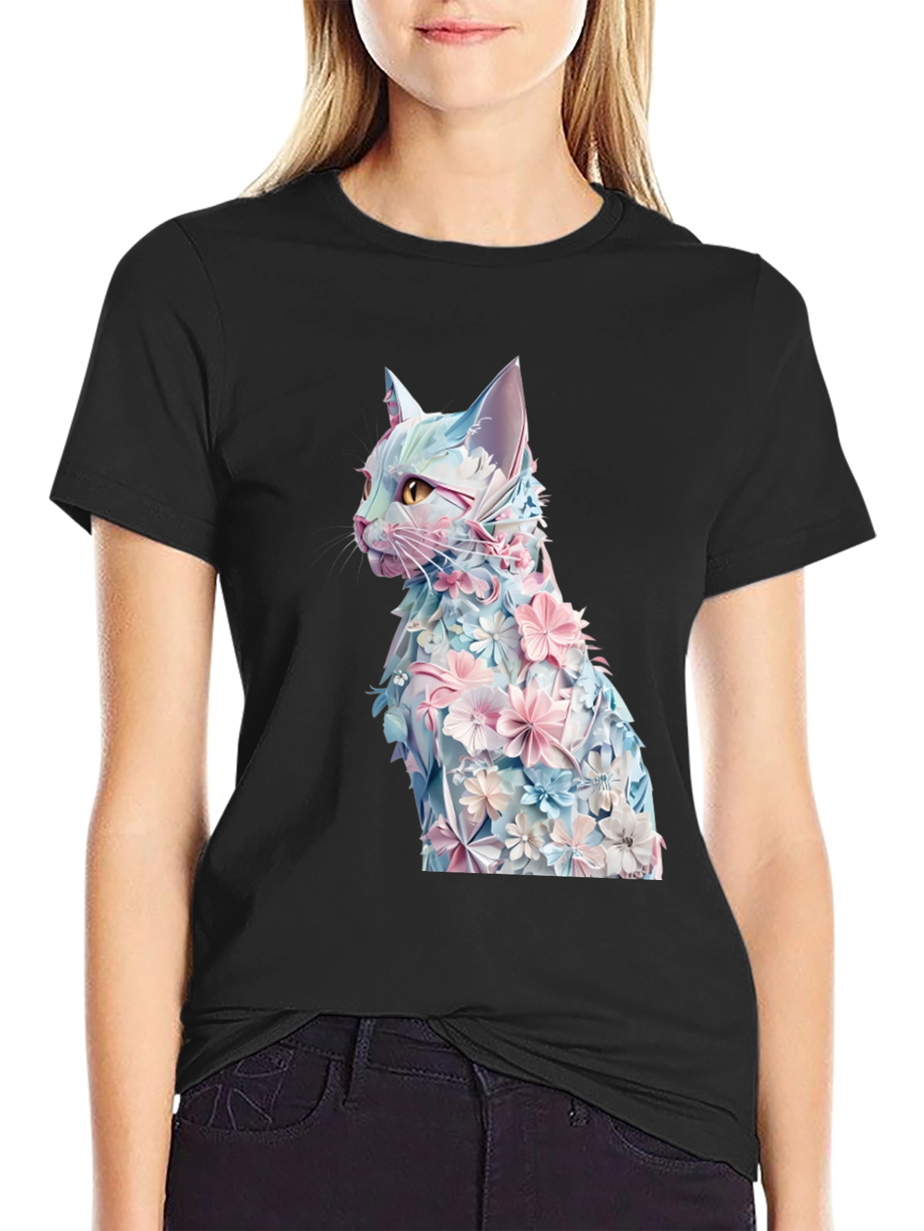 Black Floral Cat Graphic Tee - Stylish Black T-Shirt view 2