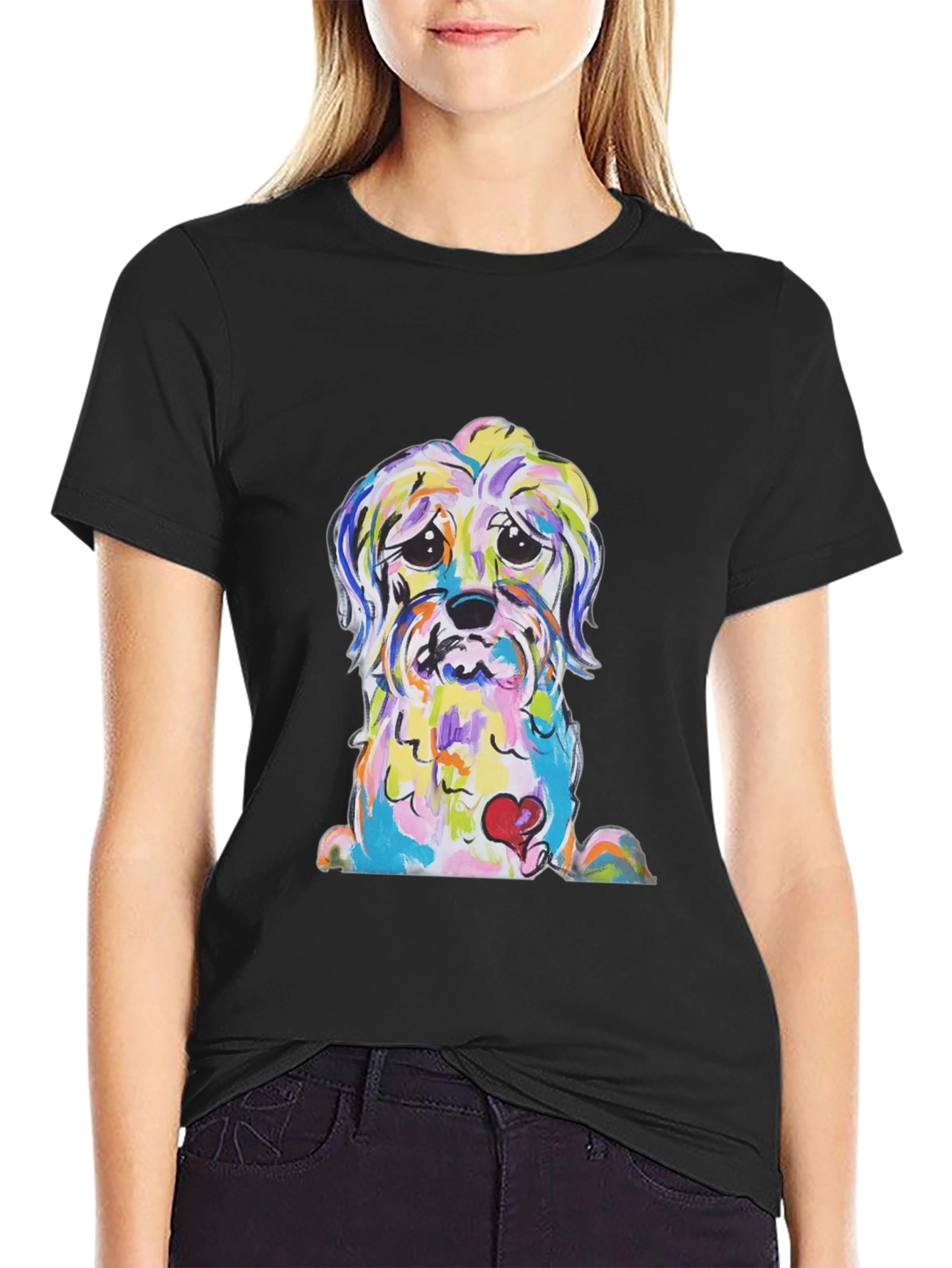 Black Dog With Heart Colorful Graphic T-Shirt view 2