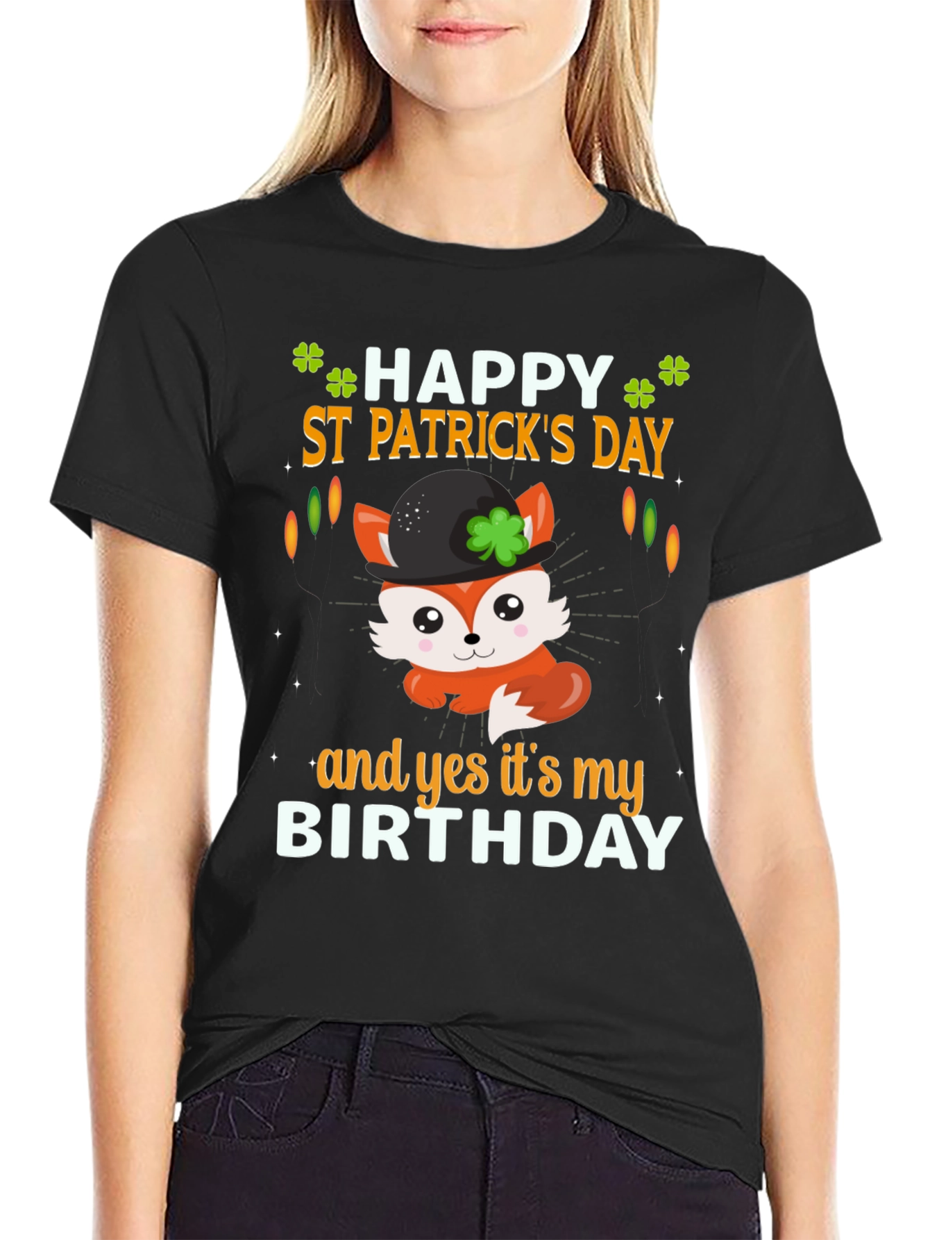 Black St. Patrick's Day Birthday Fox T-Shirt view 2