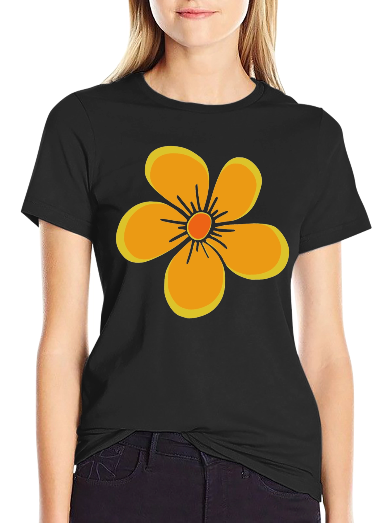 Black Black T-Shirt with Orange Flower Graphic view 2