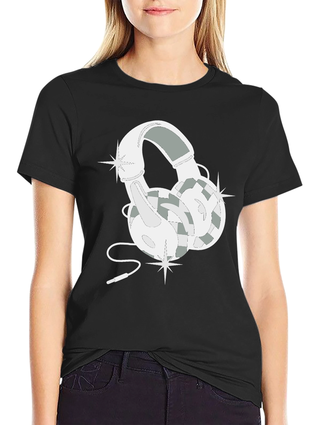Black Stylish Headphones Graphic T-Shirt view 2