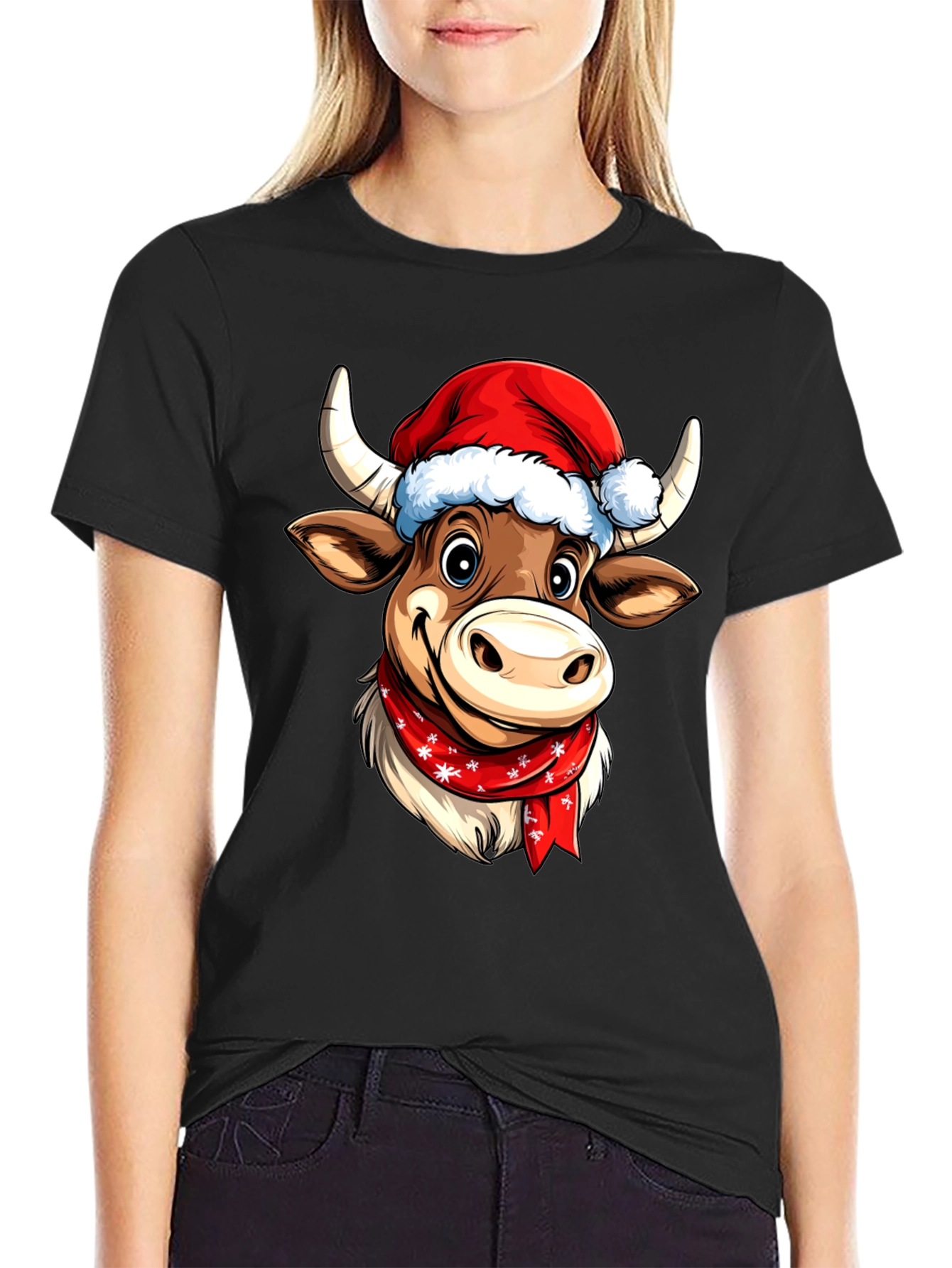 Black Festive Cartoon Cow T-Shirt view 2