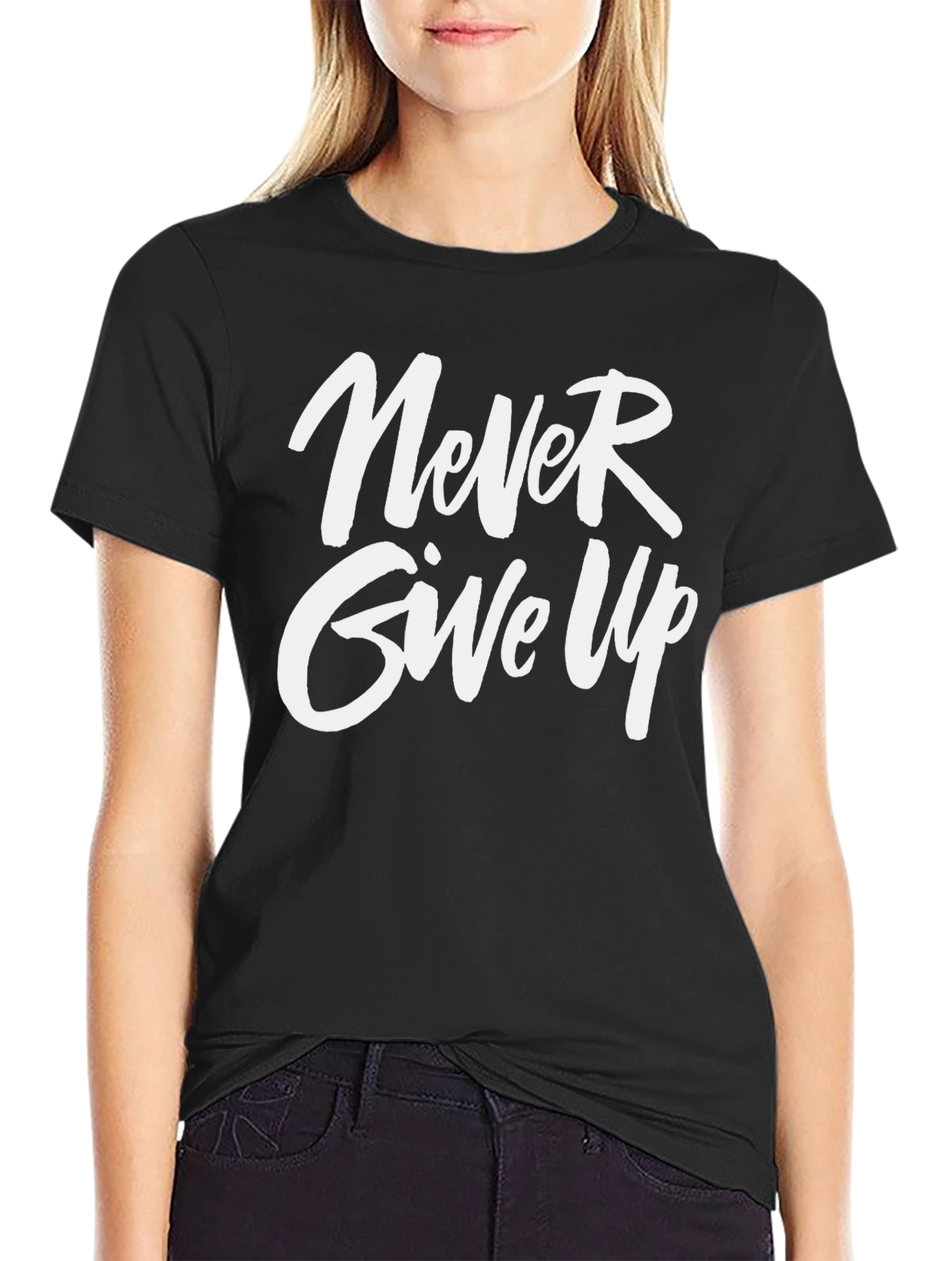 Black Never Give Up Graphic Print Crew Neck T-Shirt view 2