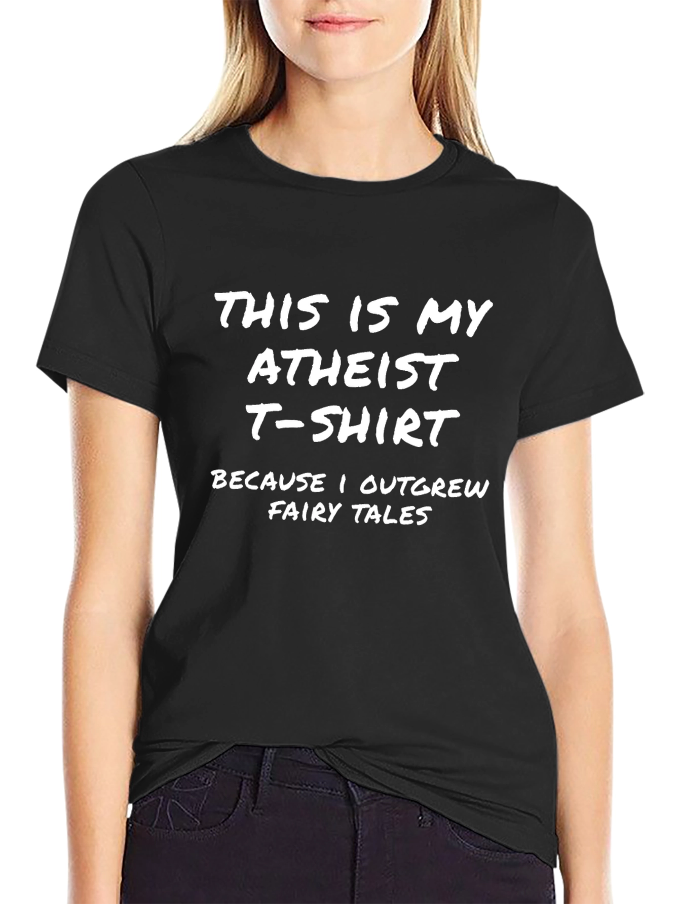 Black Atheist T-Shirt: Outgrew Fairy Tales Slogan Tee view 2