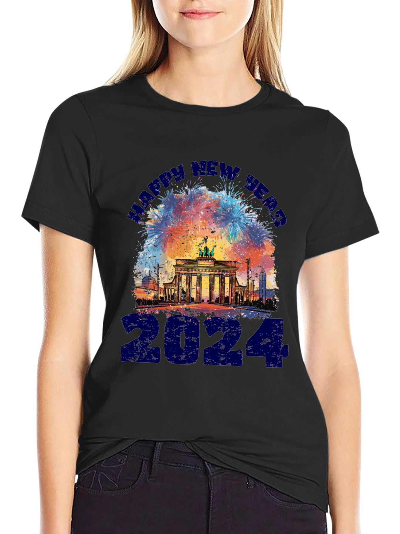 Black Happy New Year 2024 Berlin Fireworks T-Shirt view 2