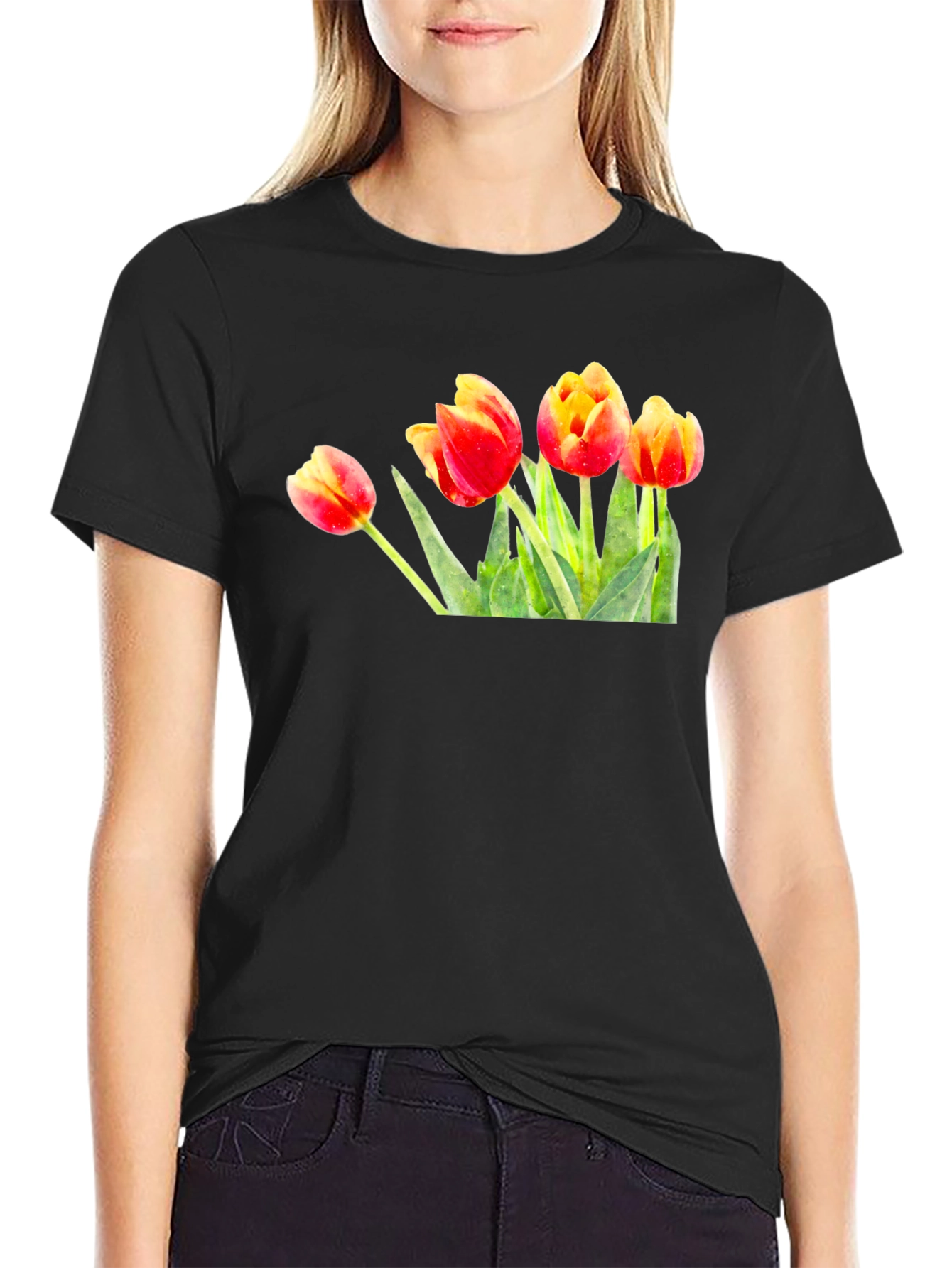 Black Tulip Graphic Print Black T-Shirt view 2