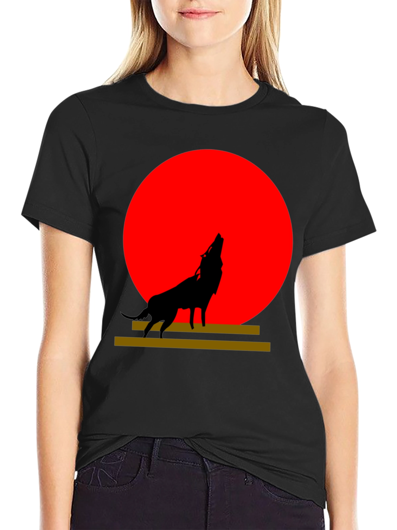 Black Wolf Silhouette Graphic Tee - Red Moon Design view 2