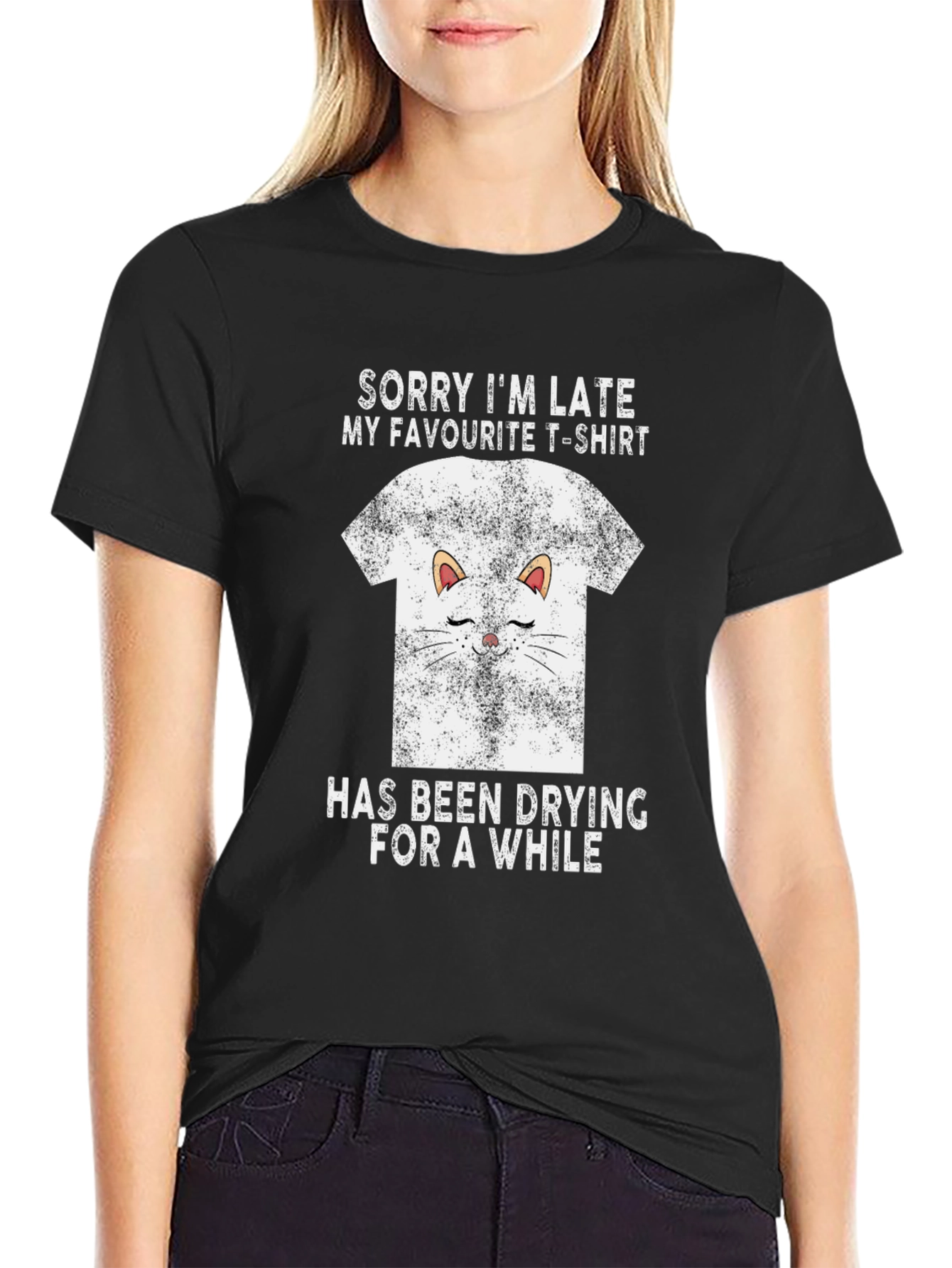 Black Funny Cat T-Shirt - Sorry I'm Late Graphic Tee view 2