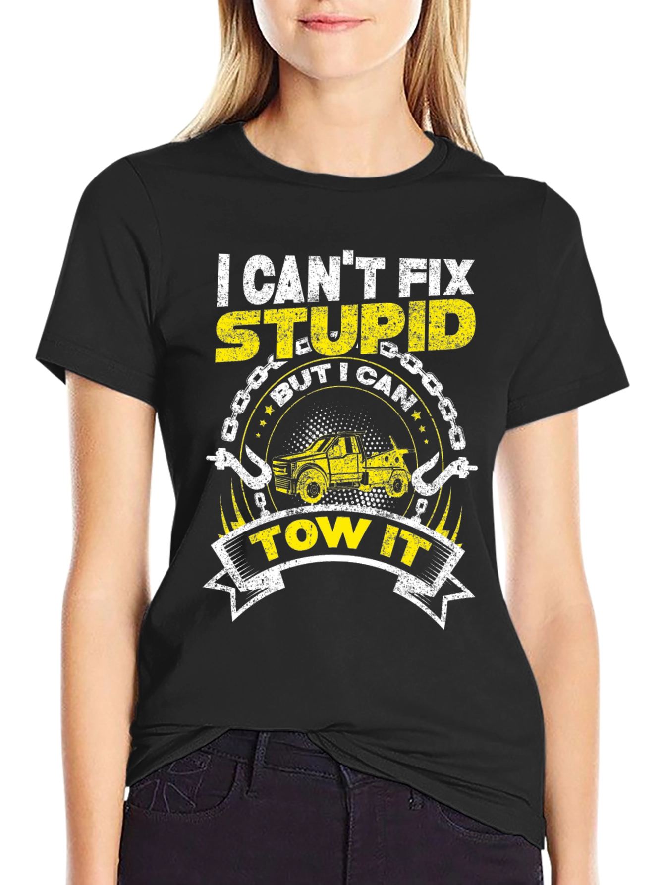 Black I Can't Fix Stupid Funny Tow Trucker T-Shirt view 2