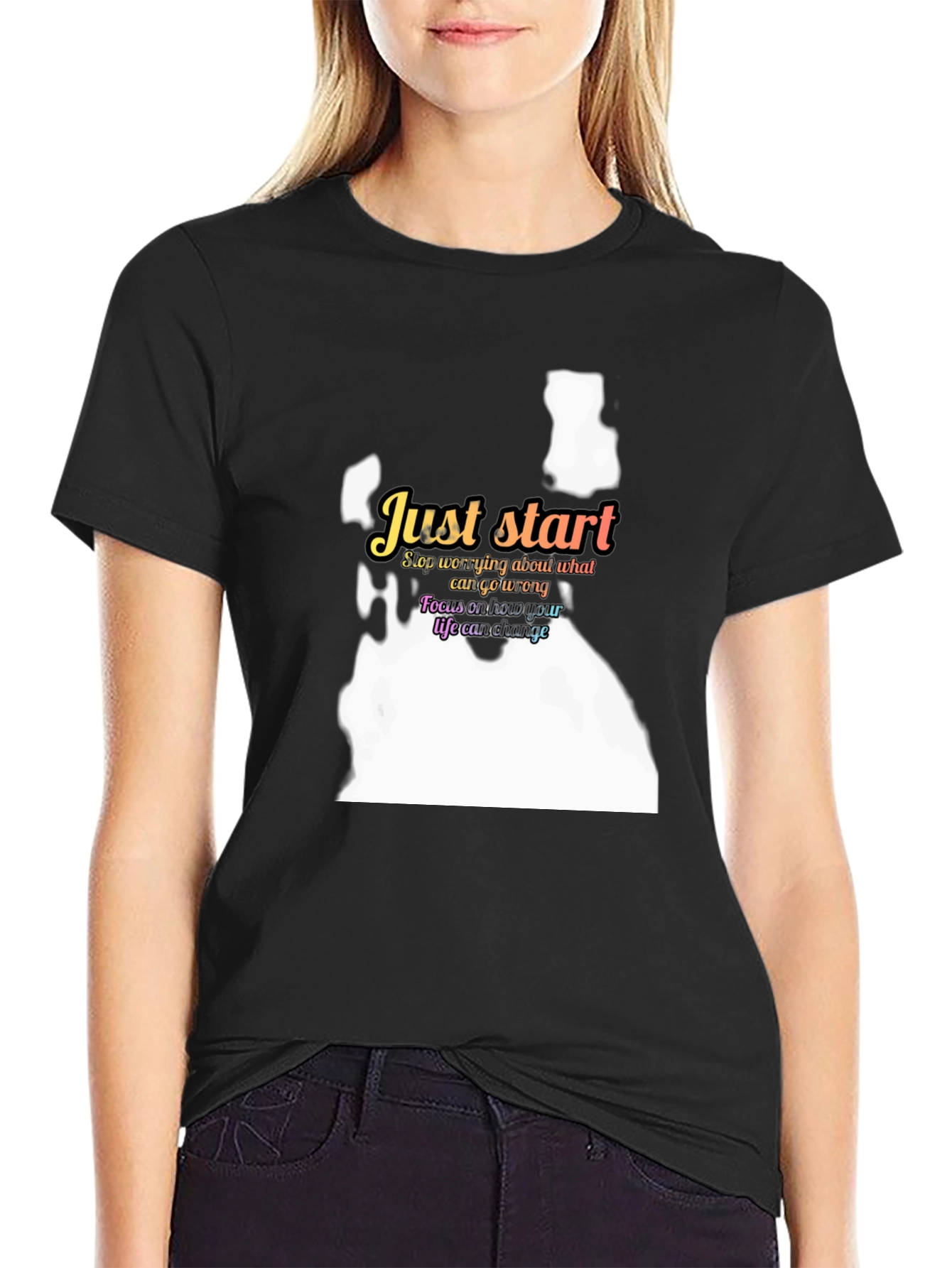 Black Just Start Motivational Black T-Shirt view 2