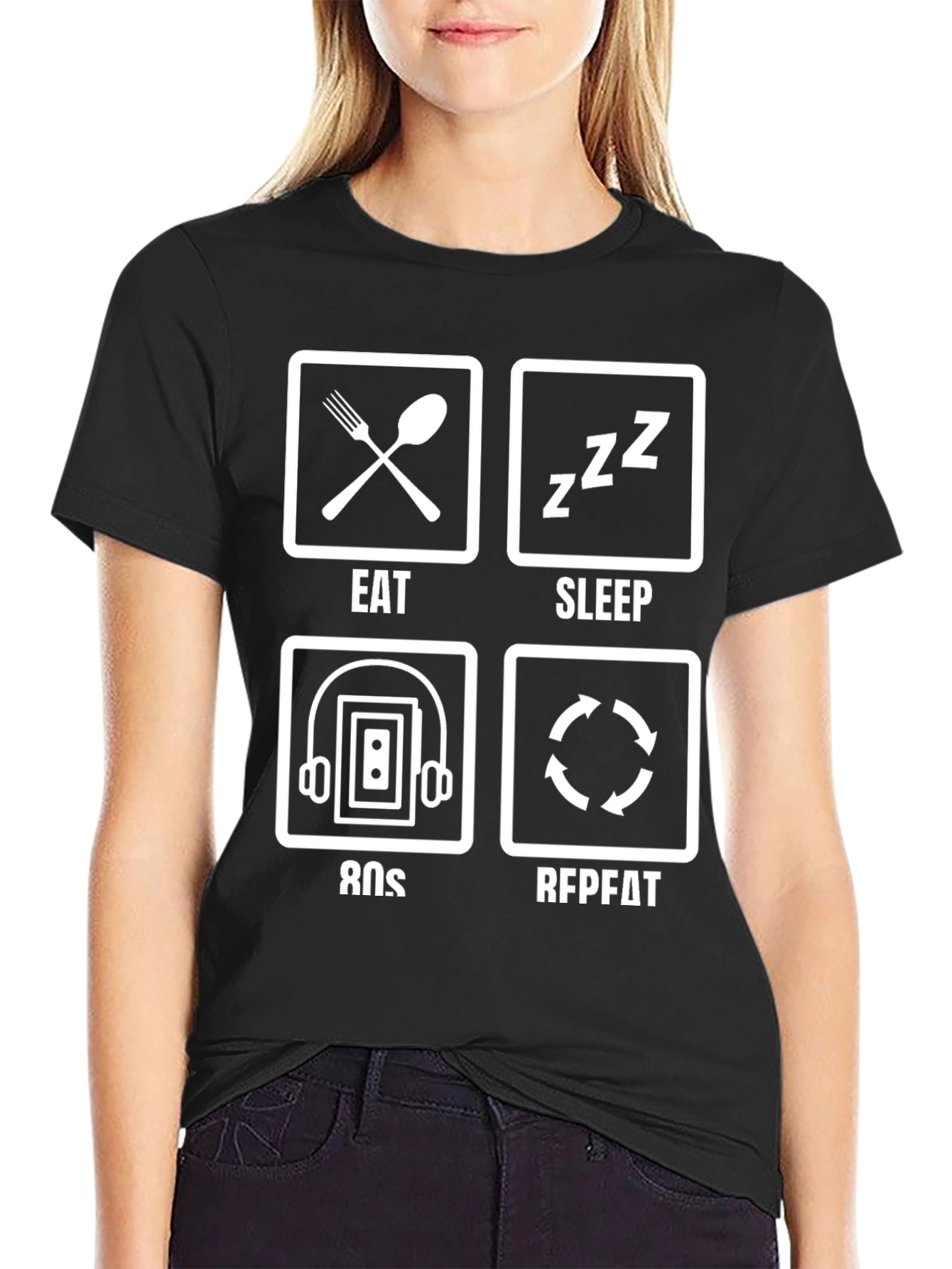Black Eat Sleep 80s Repeat Funny Graphic T-Shirt view 2