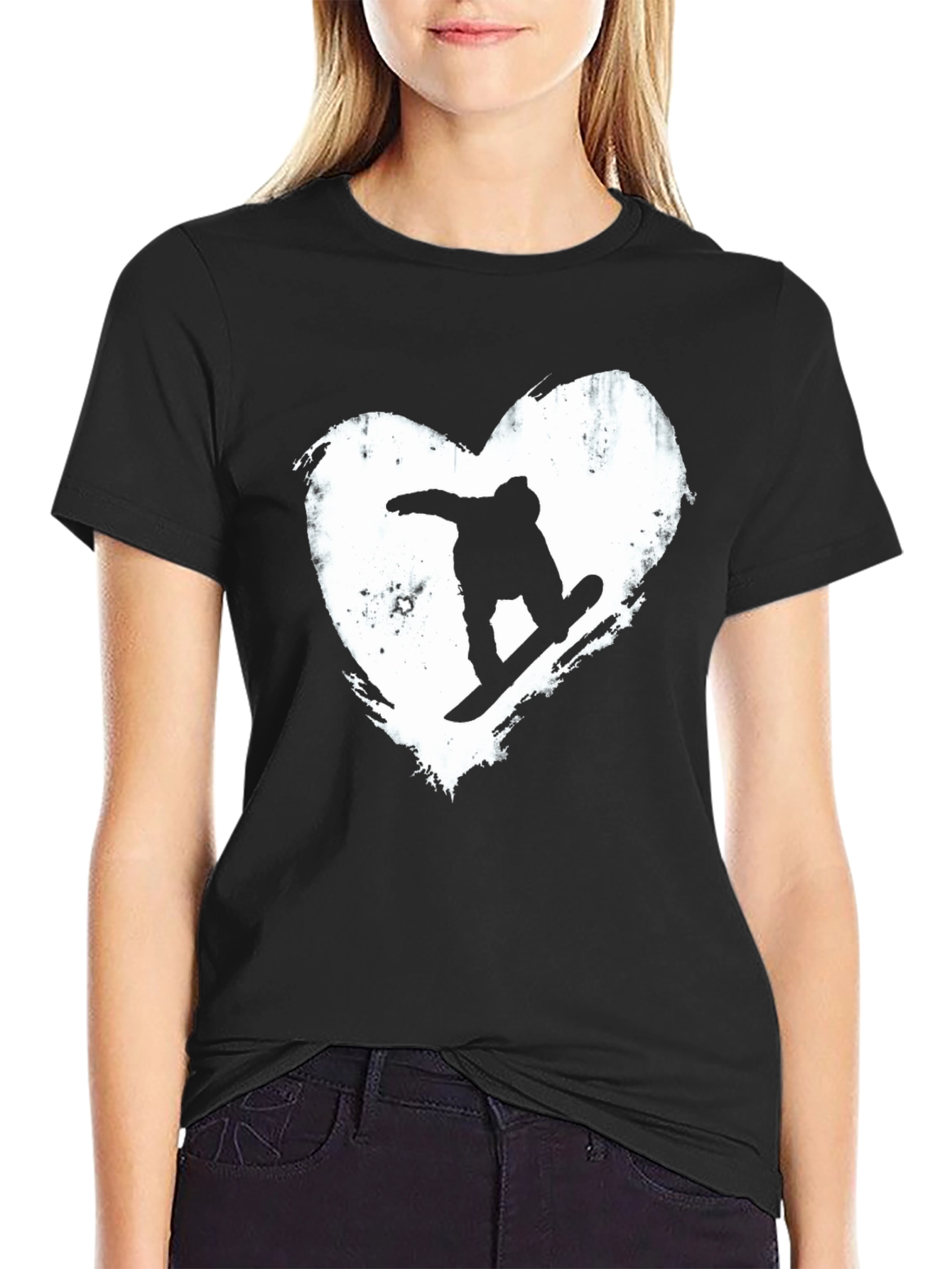 Black Snowboard Heart Graphic T-Shirt - Black Cotton Blend Tee view 2