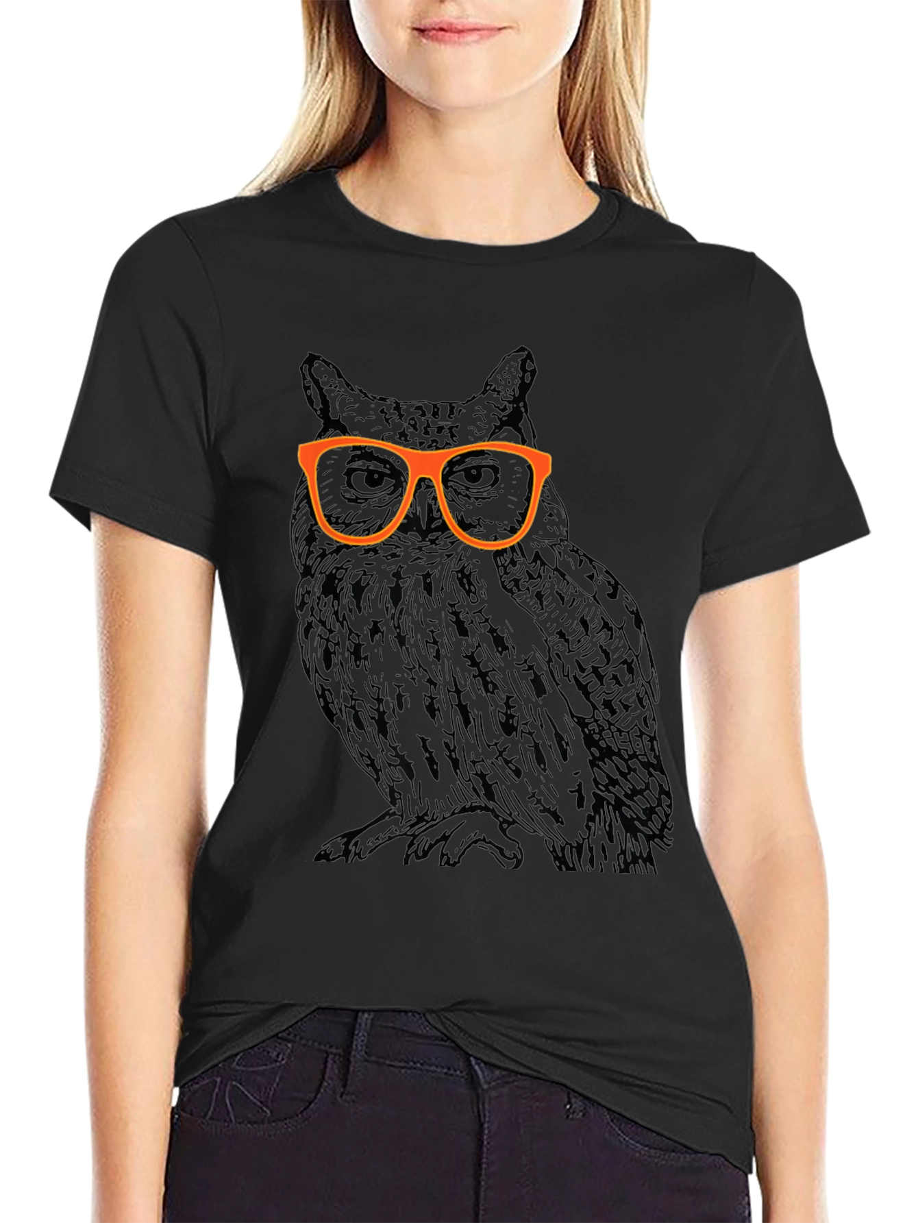 Black Cool Owl with Glasses Graphic T-Shirt view 2
