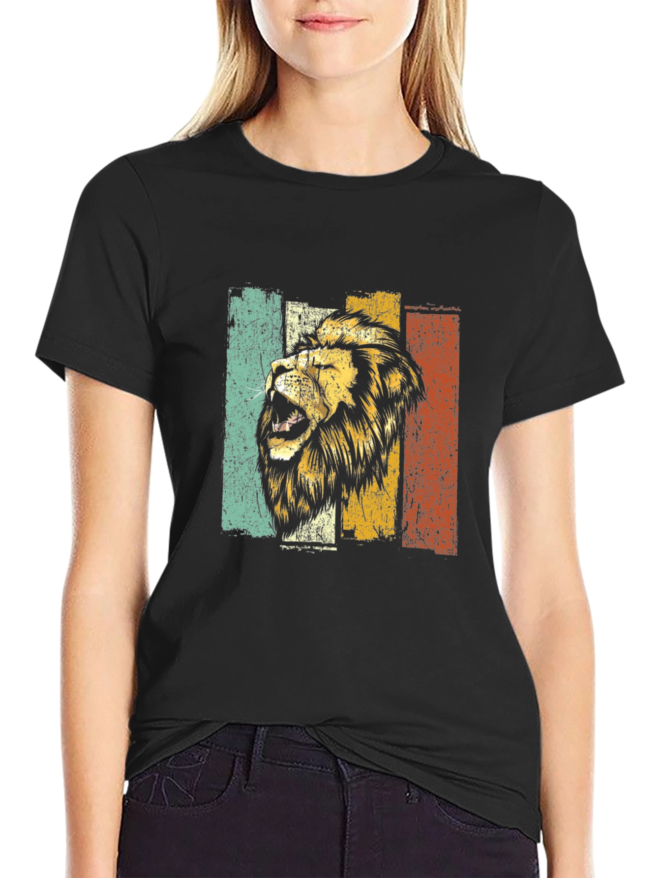 Black Retro Lion Graphic Tee - Vintage Style T-Shirt view 2