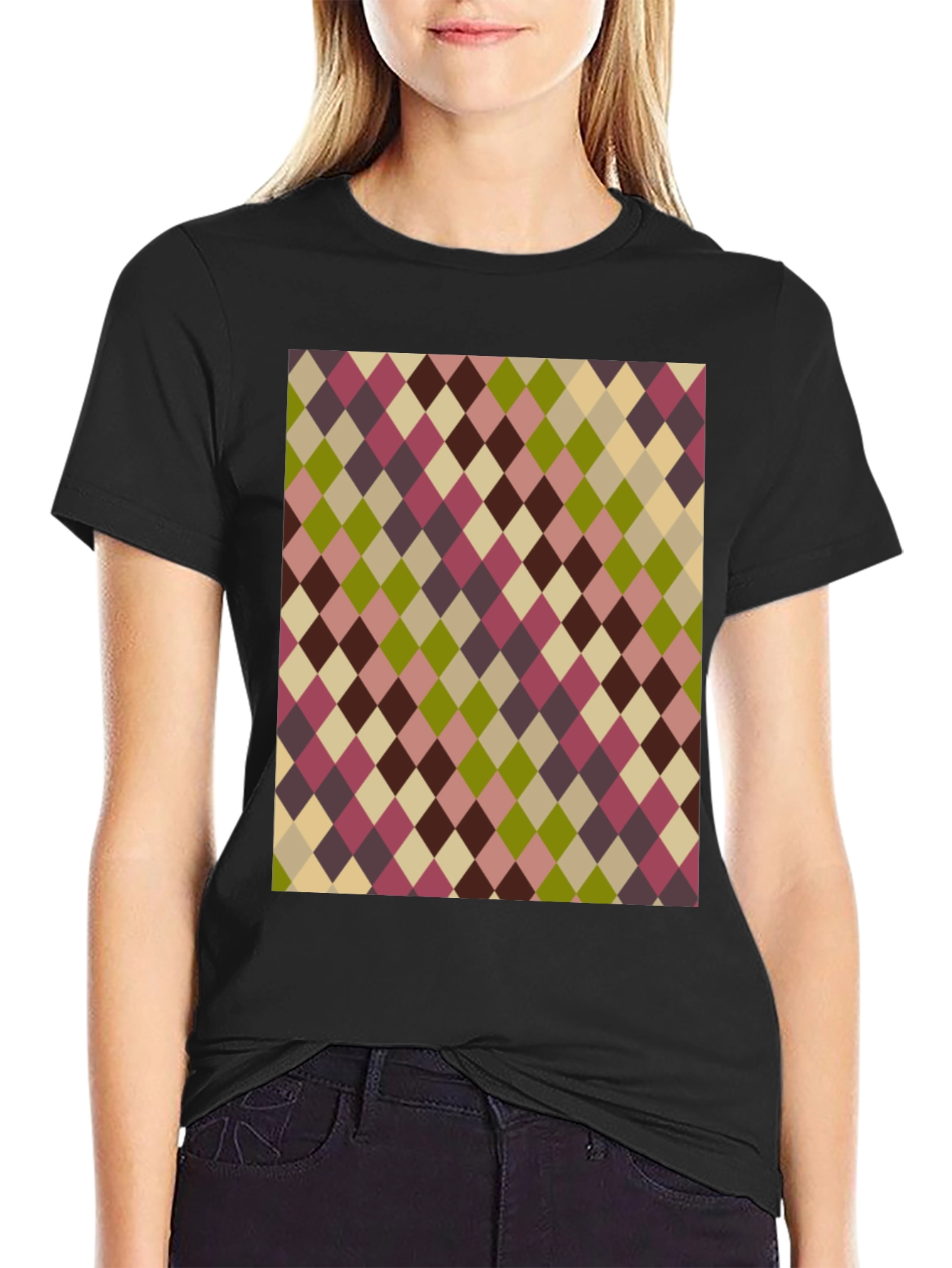 Black Retro Argyle Pattern Black T-Shirt view 2