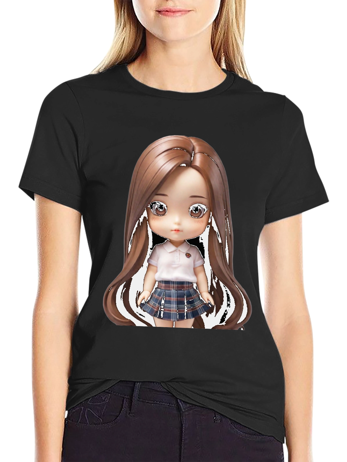 Black Anime Doll Graphic Tee - Stylish & Unique! view 2