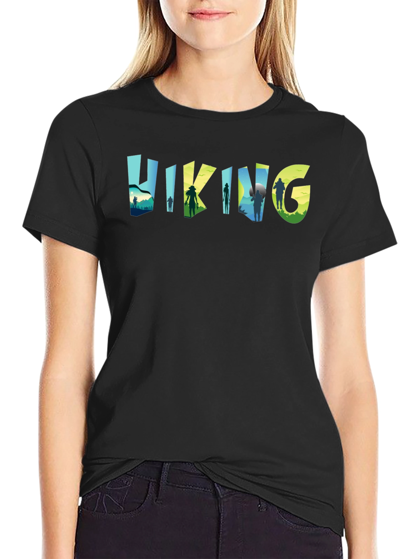 Black Hiking Adventure Tee - Nature Silhouette Design view 2