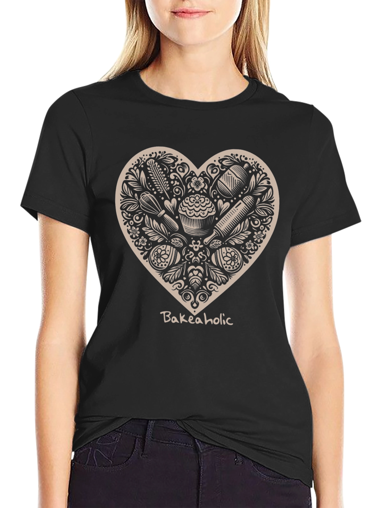Black Bakeaholic Heart Graphic T-Shirt - Black view 2