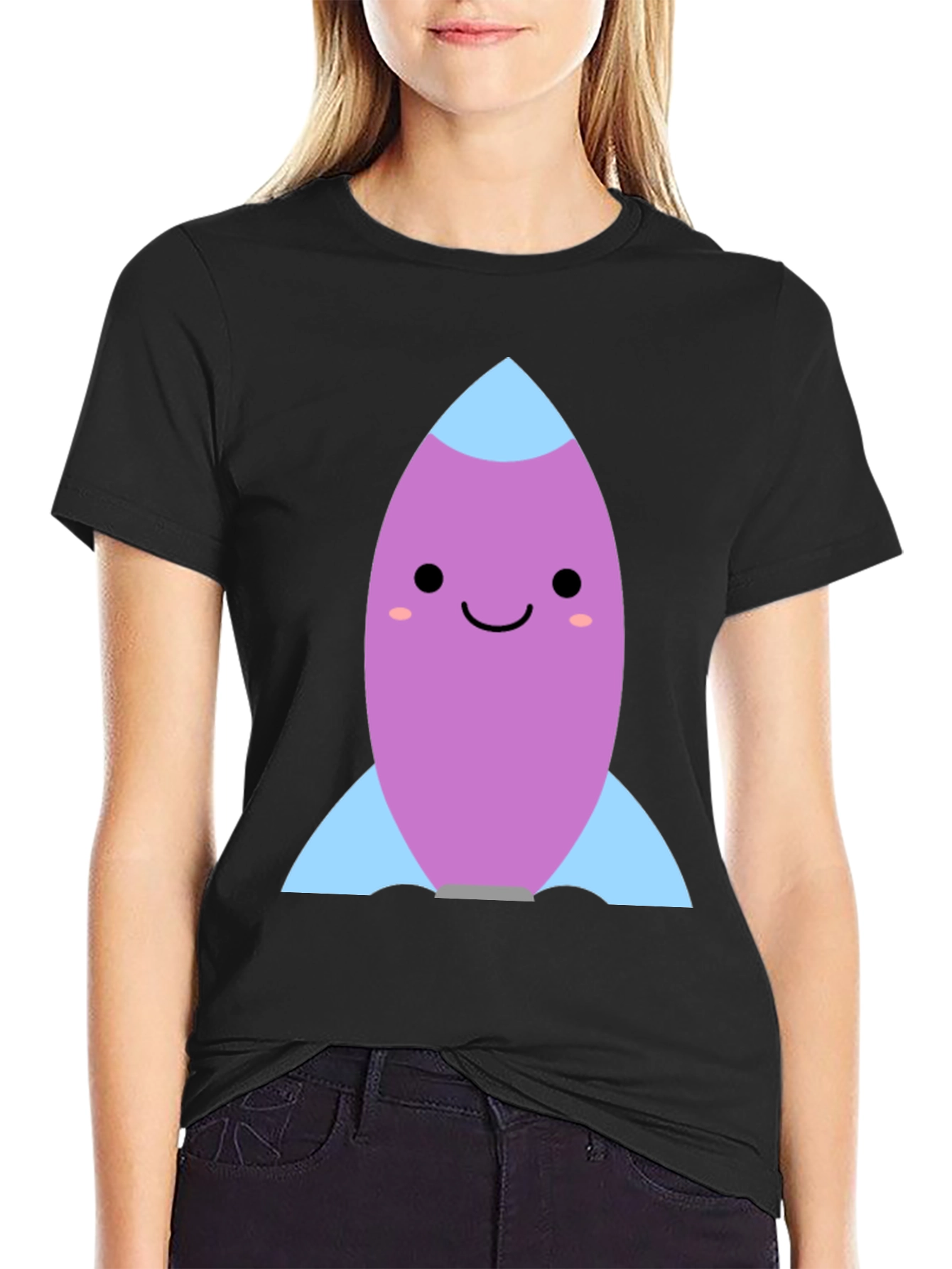 Black Cute Cartoon Rocket Graphic Tee - Black view 2