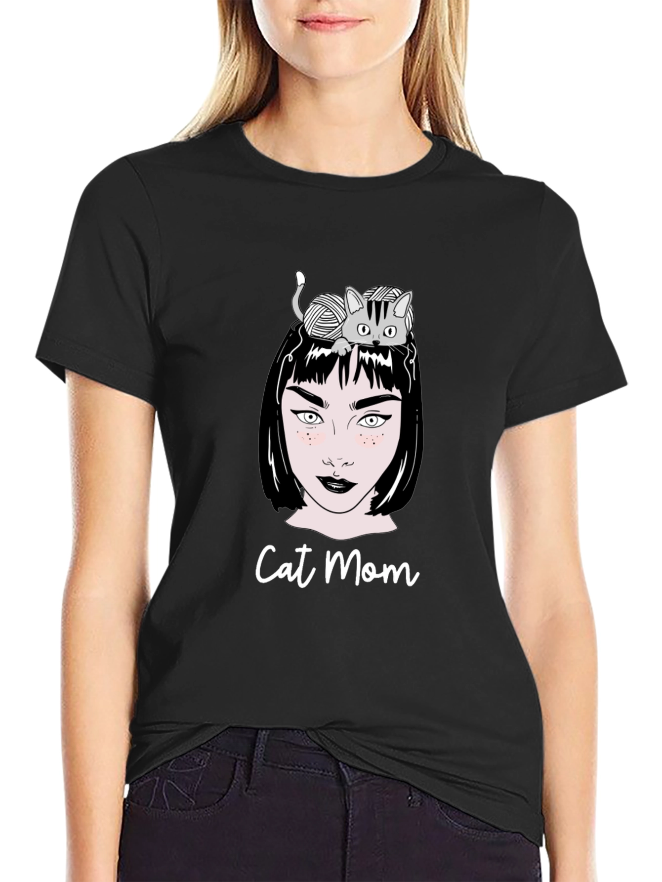Black Cat Mom Graphic T-Shirt - Unisex Black Tee view 2