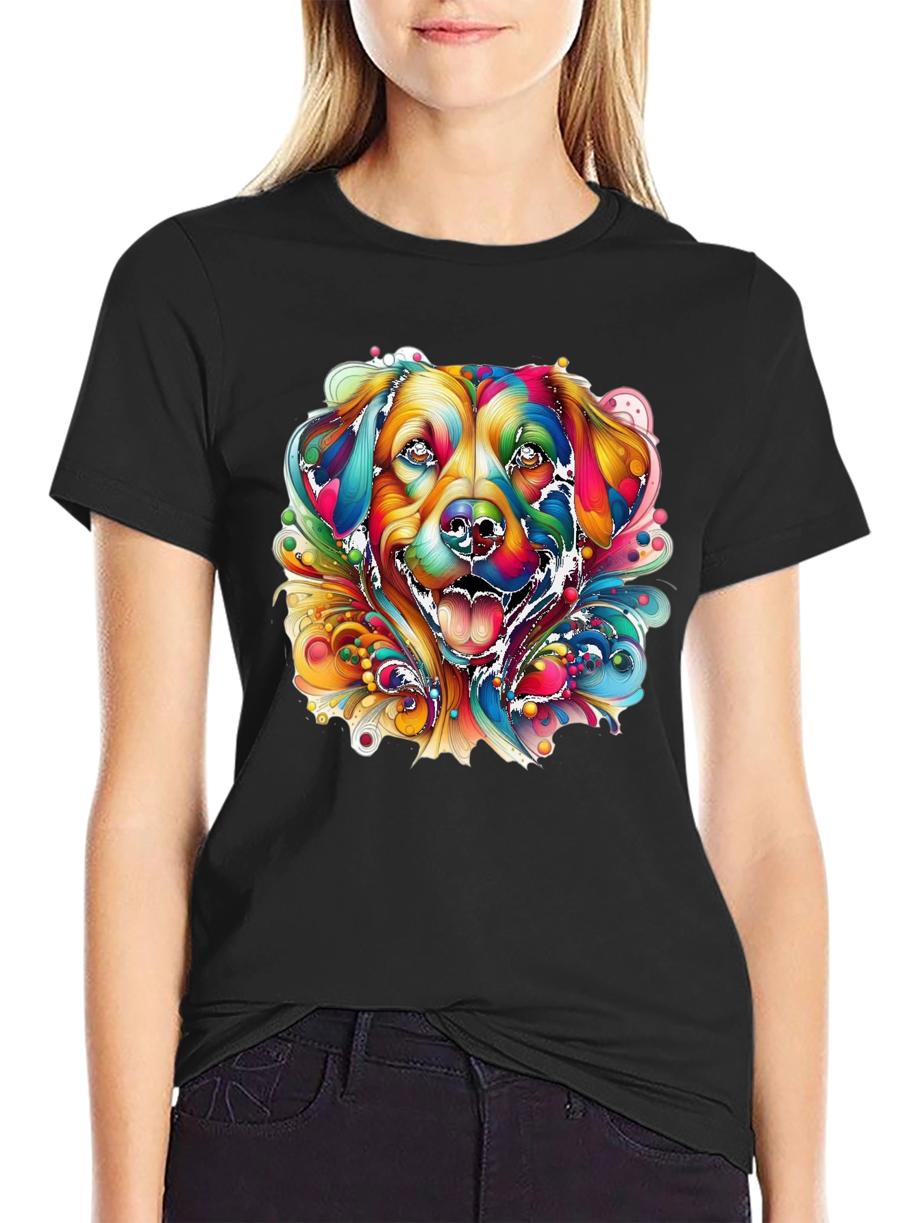 Black Colorful Dog Graphic Black T-Shirt view 2