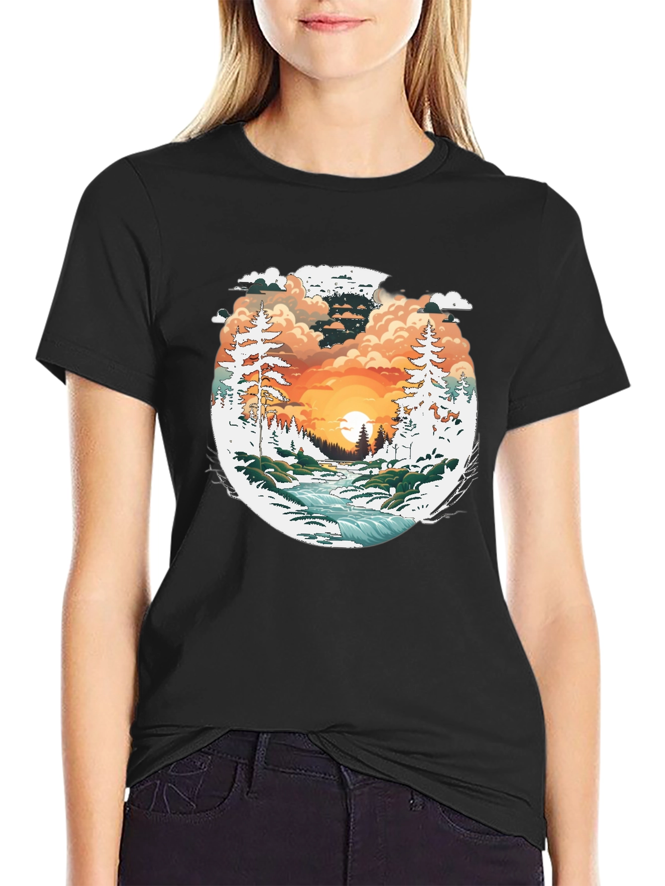 Black Nature Scene Graphic Black T-Shirt view 2