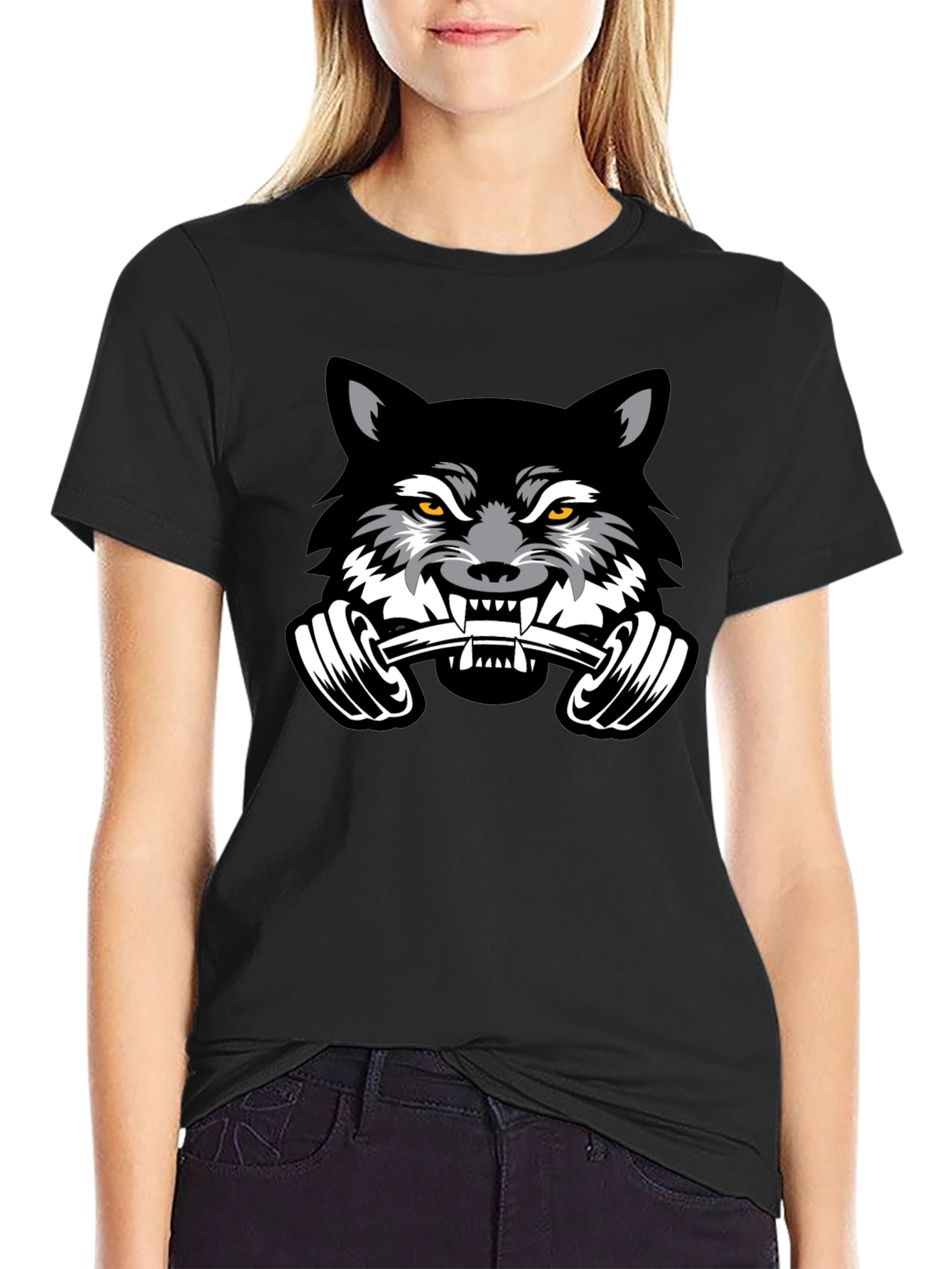 Black Wolf Barbell Black T-Shirt view 2