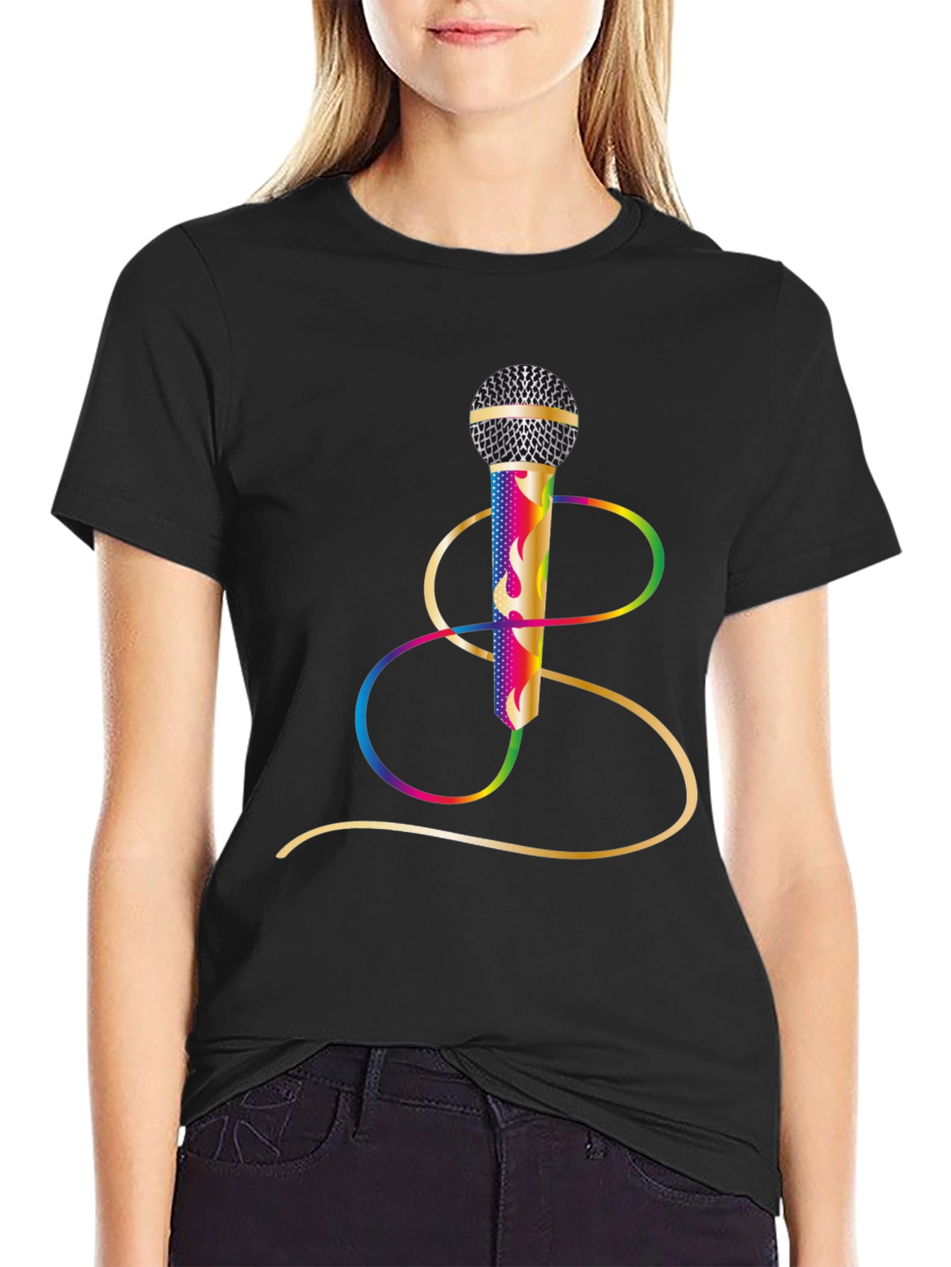 Black Vibrant Microphone Graphic Tee - Black Cotton Blend view 2