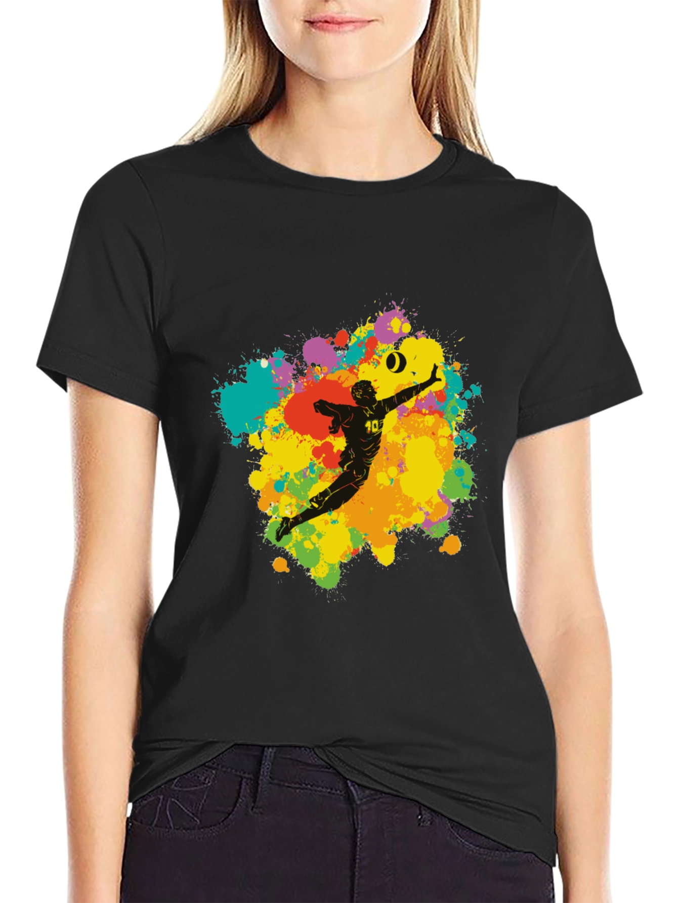Black Volleyball Player Art T-Shirt - Colorful Splash Design view 2