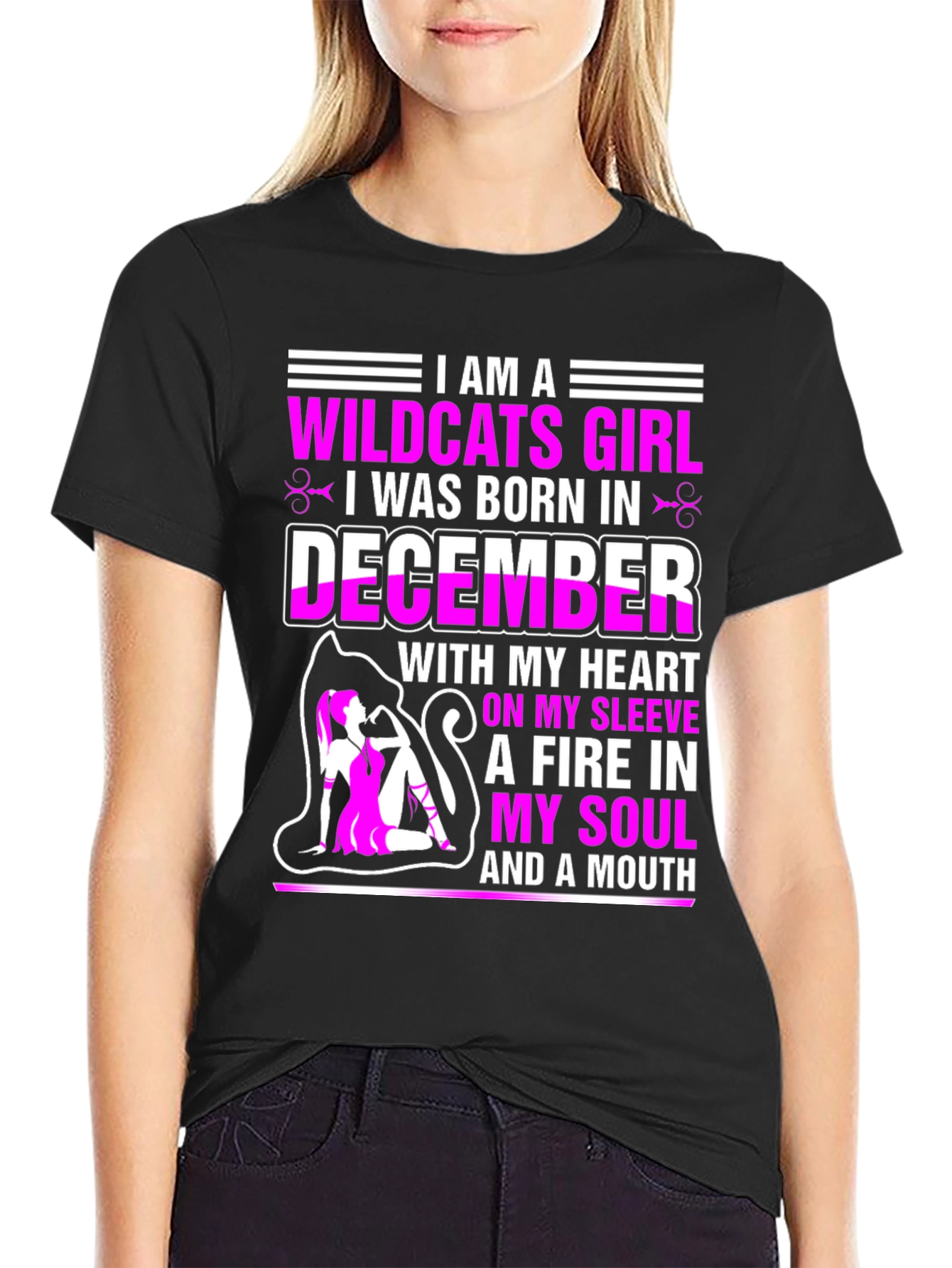 Black Wildcats Girl December Birthday T-Shirt view 2