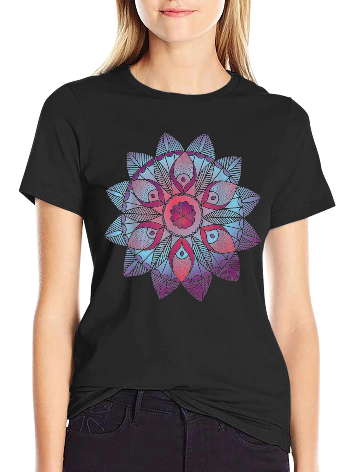 Black Geometric Mandala Print Black T-Shirt view 2