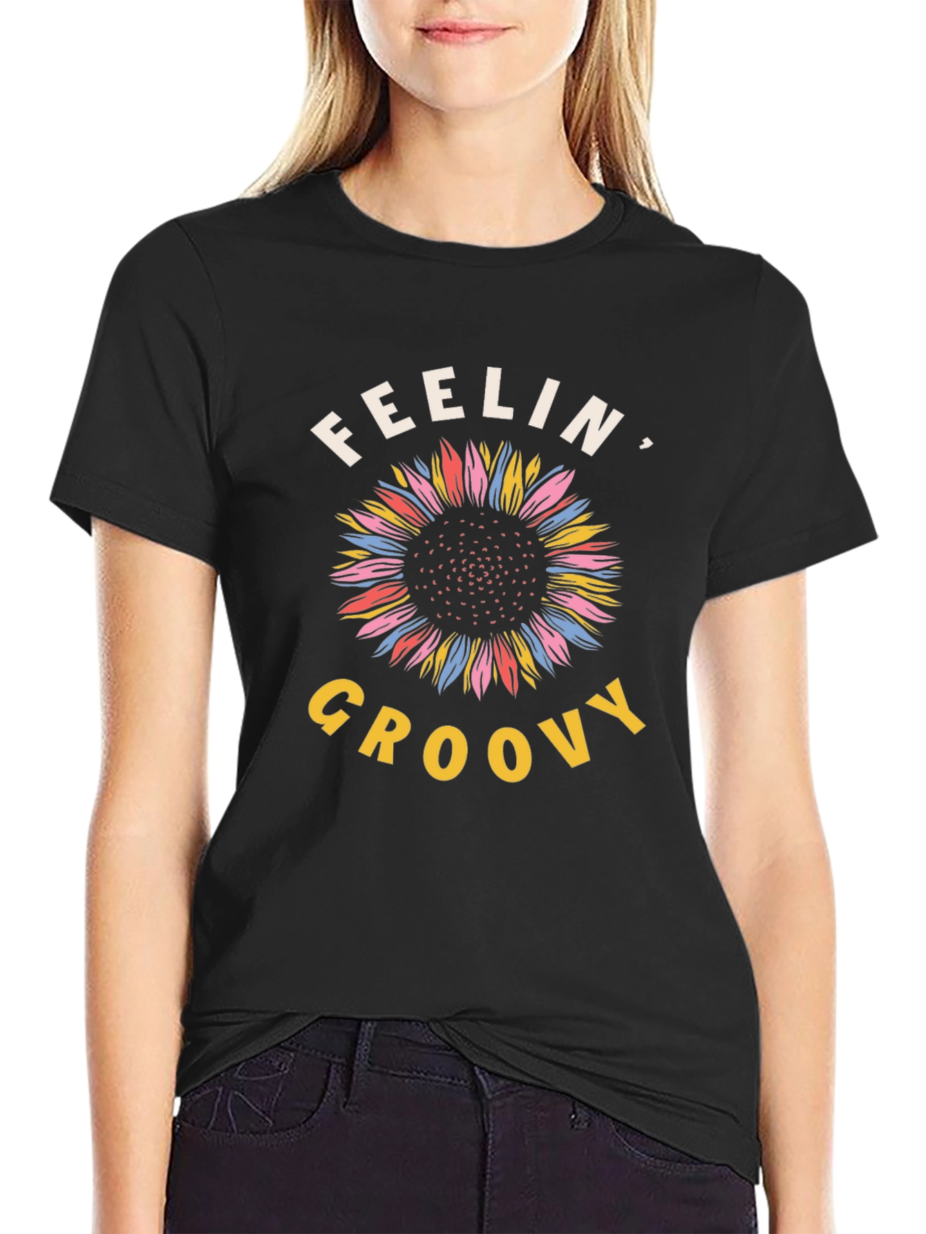 Black Feelin' Groovy Sunflower Graphic Tee - Black Cotton T-Shirt view 2