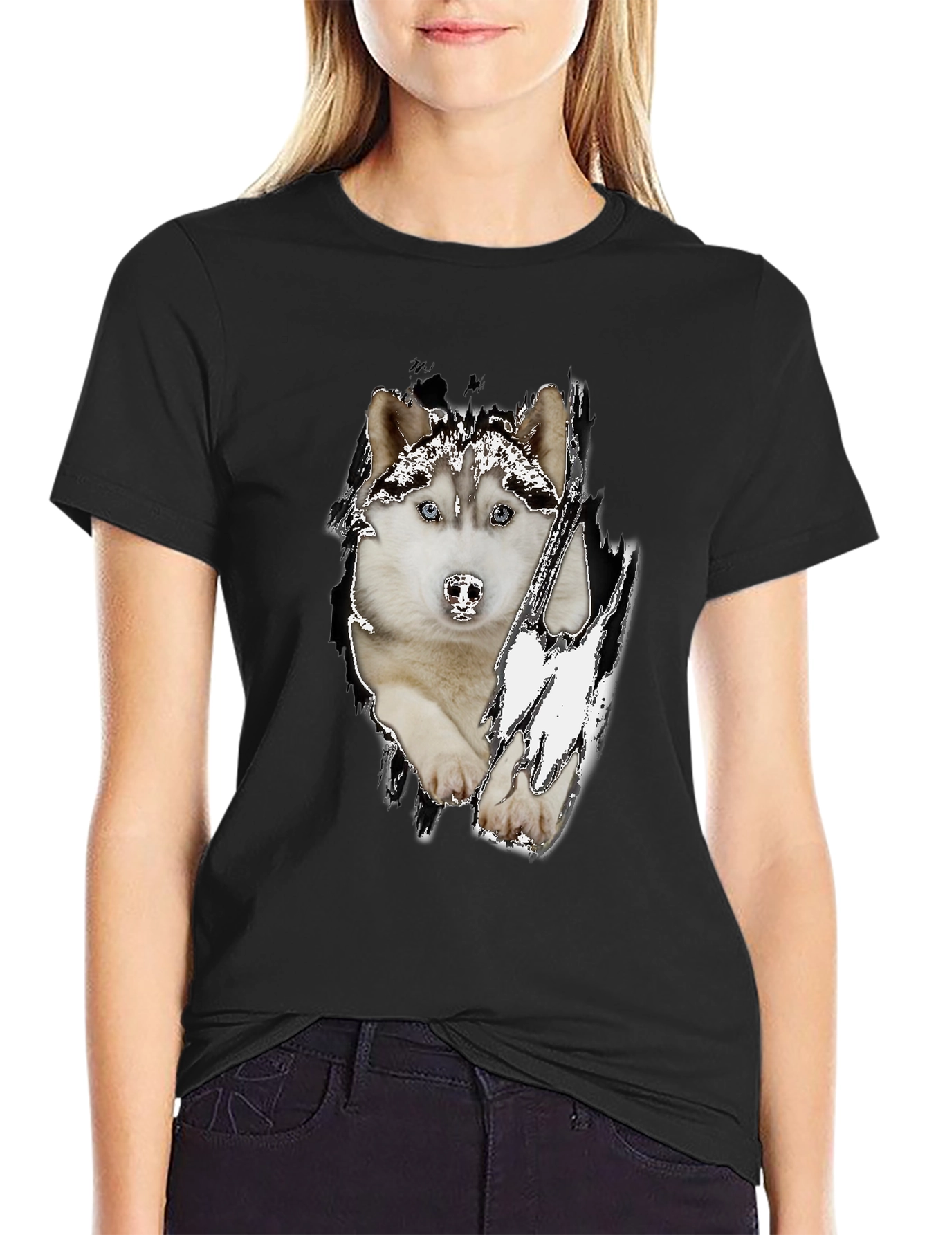 Black Husky Dog Graphic Black T-Shirt for Men view 2