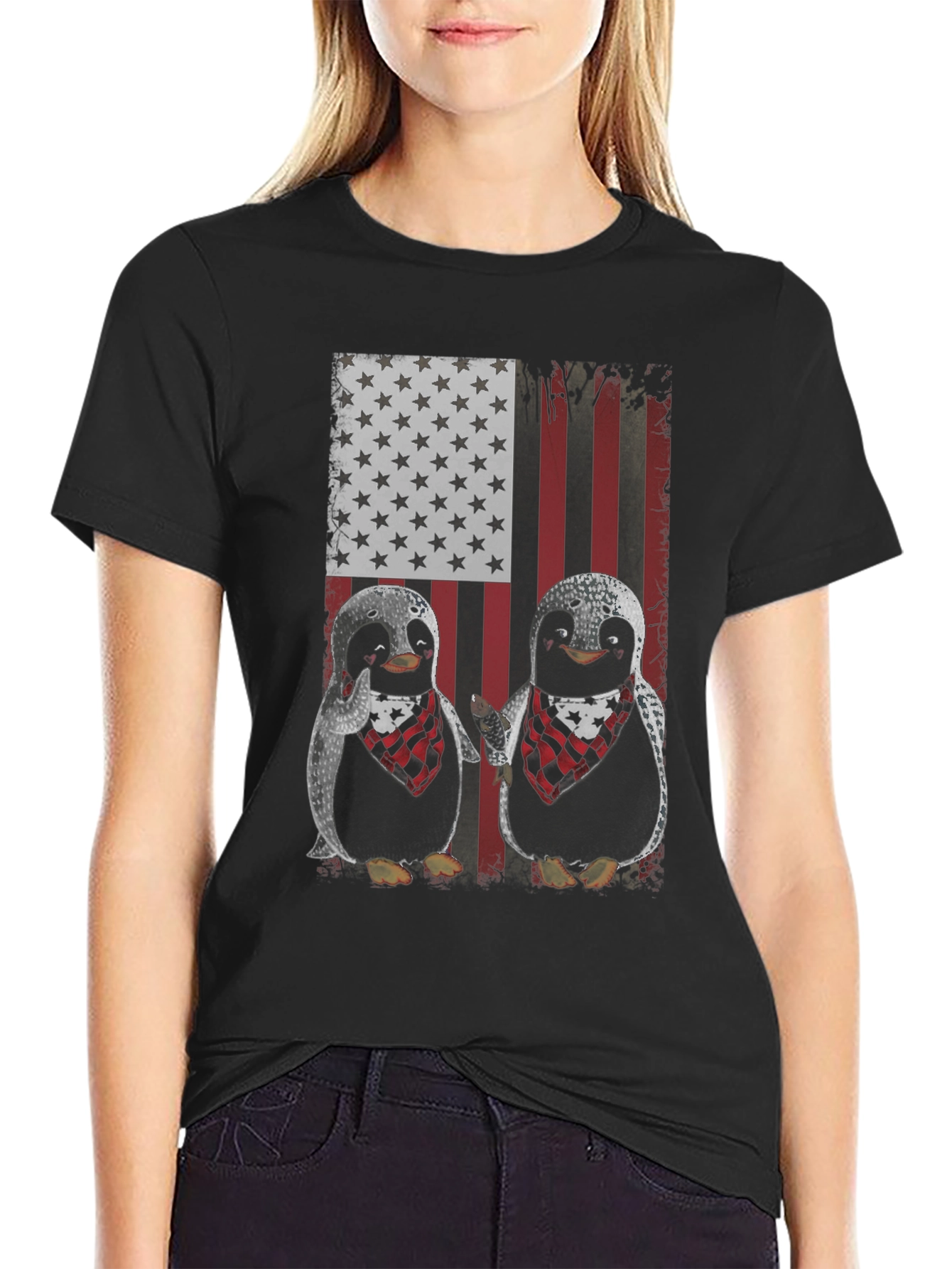 Black Patriotic Penguin American Flag Graphic T-Shirt view 2
