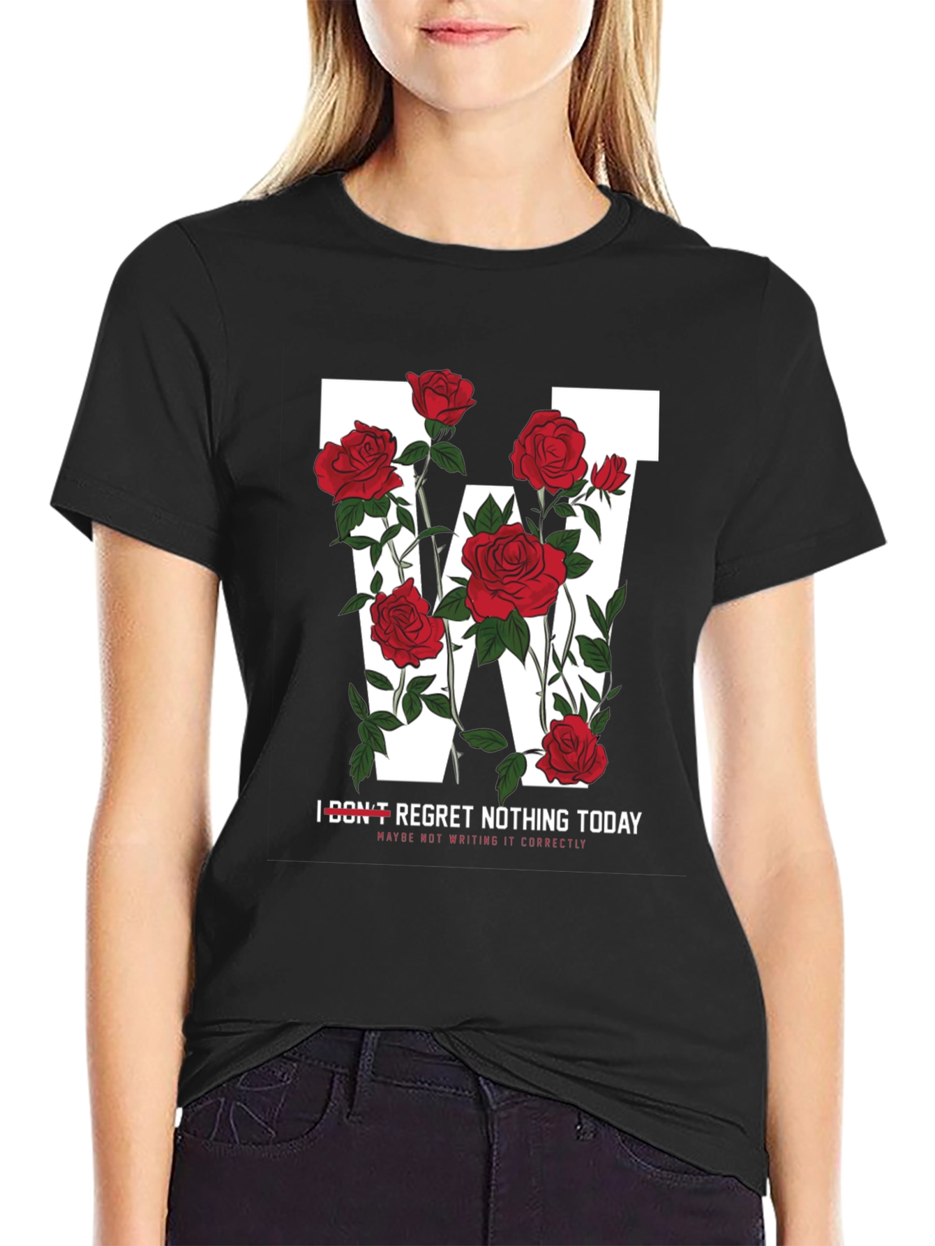 Black Floral 'W' Graphic Tee - Regret Nothing Today view 2