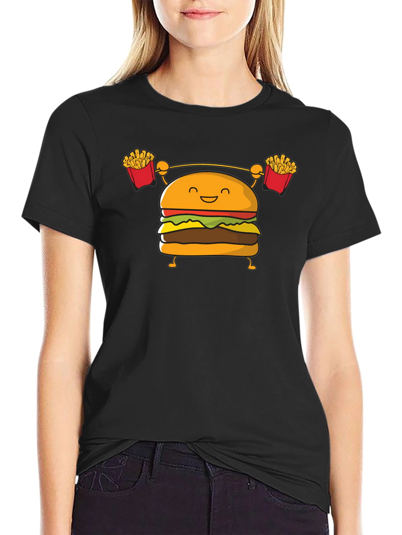 Black Burger Lifting Weights Funny Graphic T-Shirt view 2