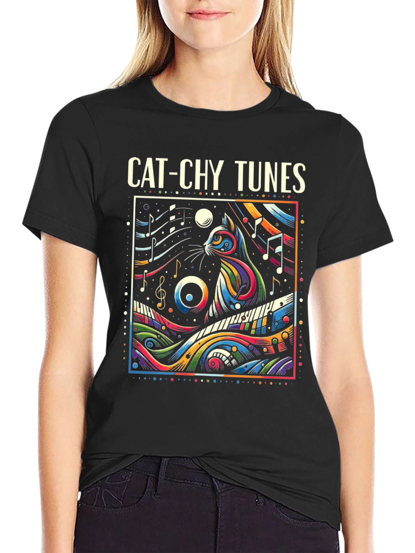 Black Cat-chy Tunes Graphic T-Shirt view 2