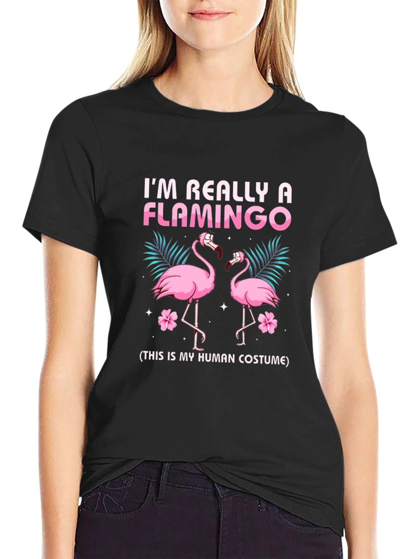 Black Funny Flamingo Human Costume Graphic T-Shirt view 2