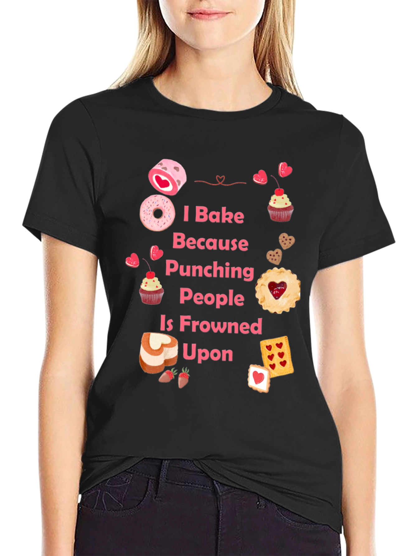 Black I Bake Because Punching People Is Frowned Upon T-Shirt view 2