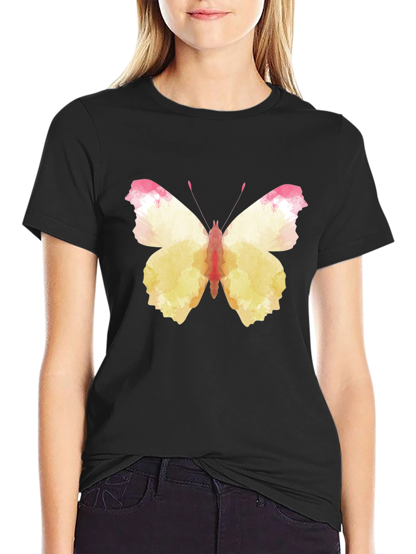 Black Butterfly Watercolor Graphic Tee - Black Cotton Casual Shirt view 2