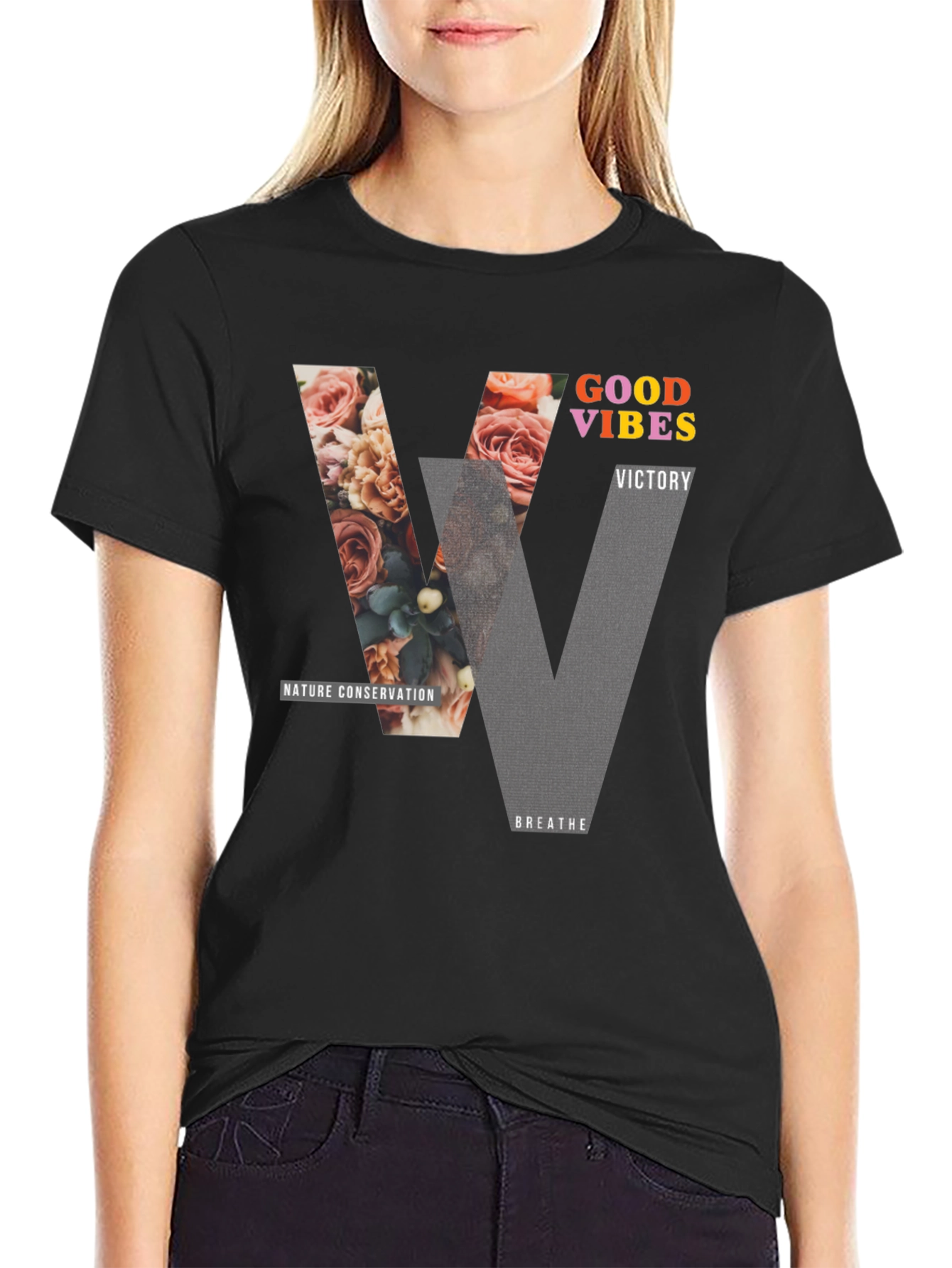 Black Good Vibes Graphic Tee - Nature Conservation Design view 2